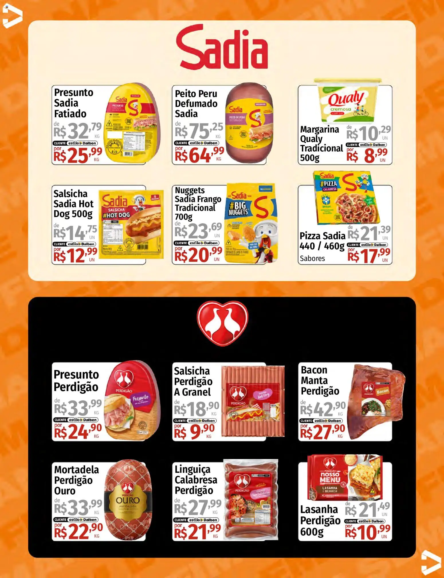 Supermercado Dalben Folheto - válido de 07/08/2026 | Página: 12 | Produtos: Presunto, Mortadela, Peru, Bacon