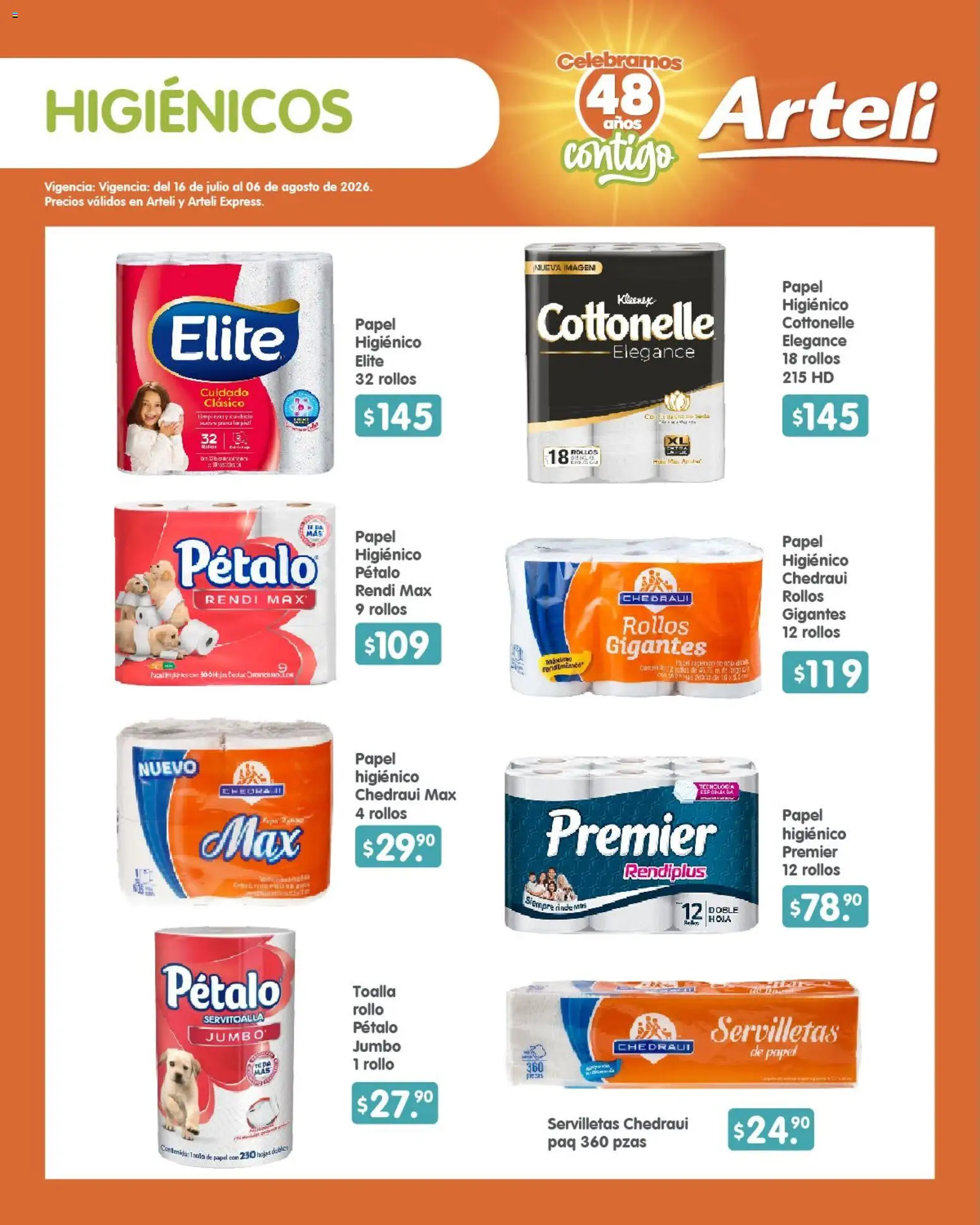 Nuevas ofertas de Arteli válidas en toda la República Mexicana desde el 16/07/2026. ¡Encuentra las mejores ofertas en Arteli folleto Quincenal! | Página: 15 | Productos: Toalla, Papel higiénico, Servilletas