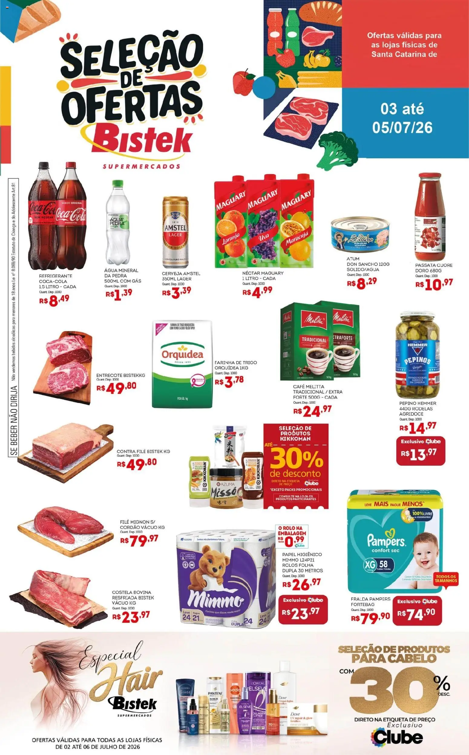 Bistek Supermercados Folheto - válido de 03/07/2026 | Página: 1 | Produtos: Pampers, Contra filé, Café, Dove