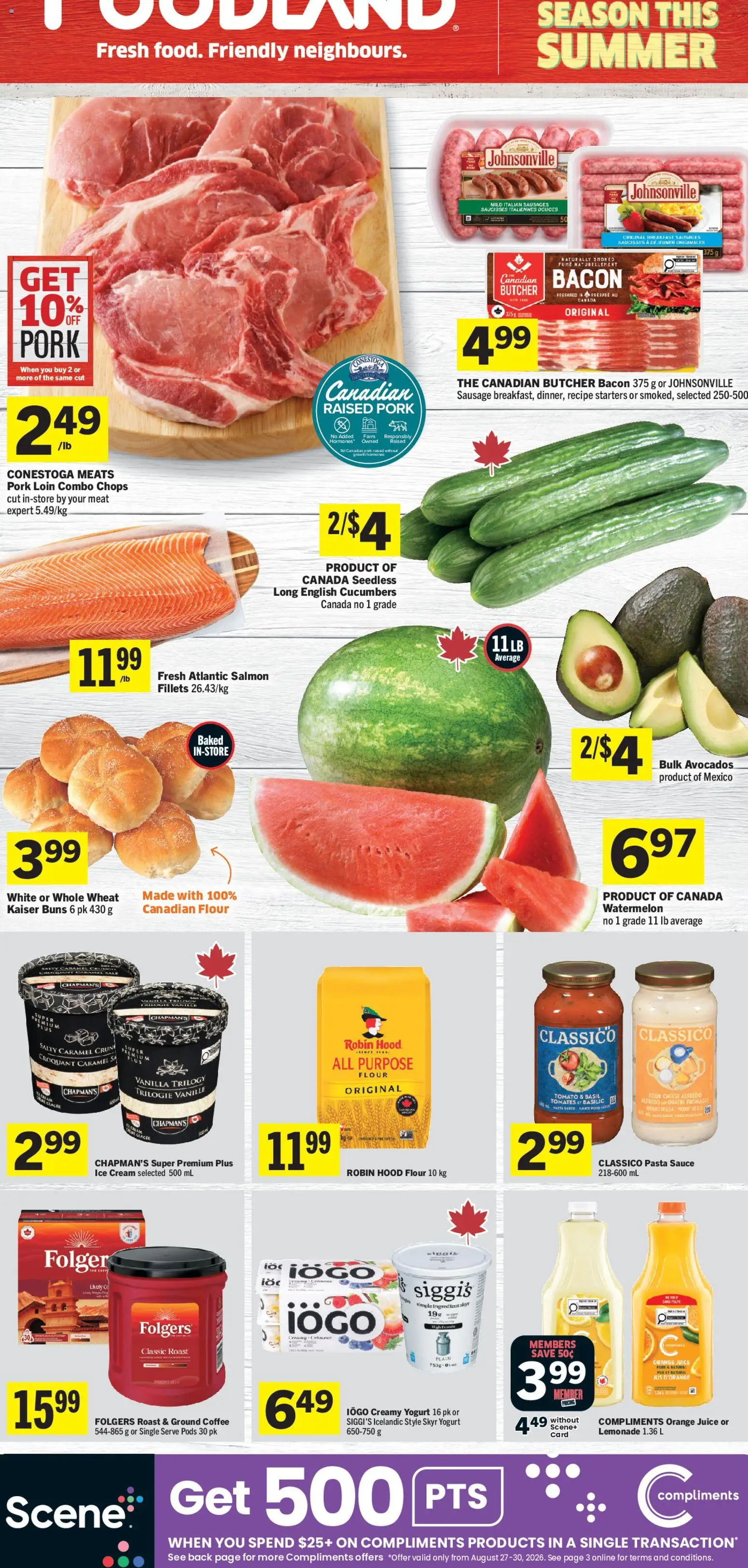 Foodland flyer valid from Aug 27, 2026 | Page: 1 | Products: Bacon, Sausage, Juice, Ground coffee