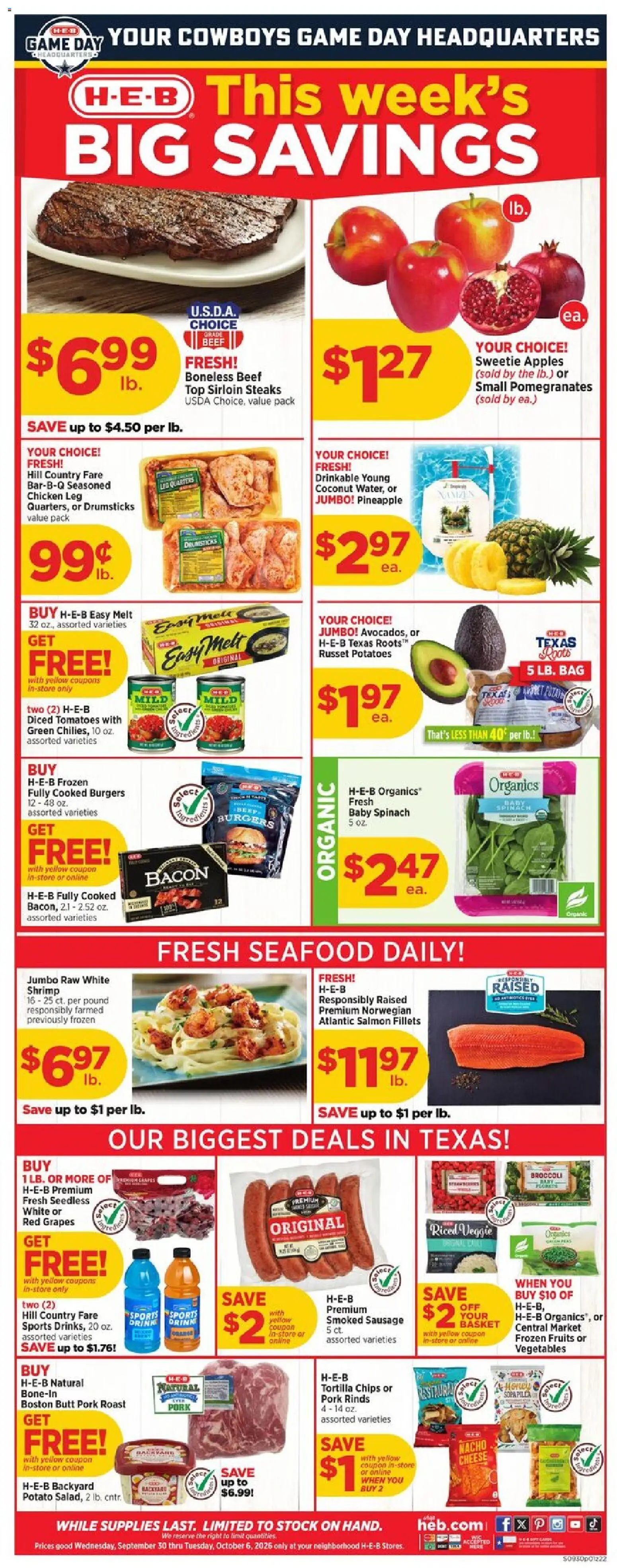 H-E-B Weekly Ad - valid from 09/30/2026 | Page: 1 | Products: Beef, Vegetables, Drumsticks, Baby spinach