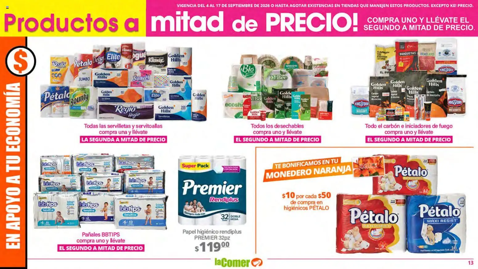 Nuevas ofertas de La Comer válidas en toda la República Mexicana desde el 04/09/2026. ¡Encuentra las mejores ofertas en La Comer folleto! | Página: 13 | Productos: Monedero, Briquetas, Té, Servilletas