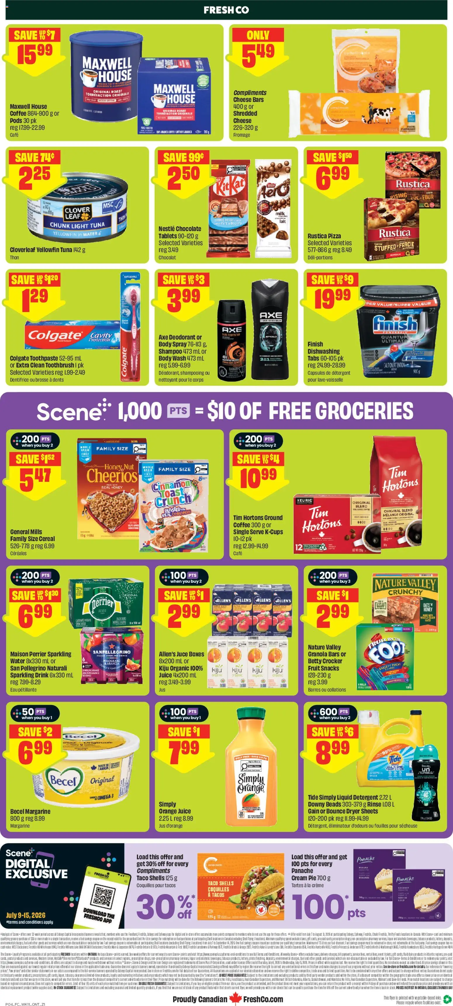 FreshCo flyer valid from Jul 9, 2026 | Page: 2 | Products: Cream, Shampoo, Milk, Pizza