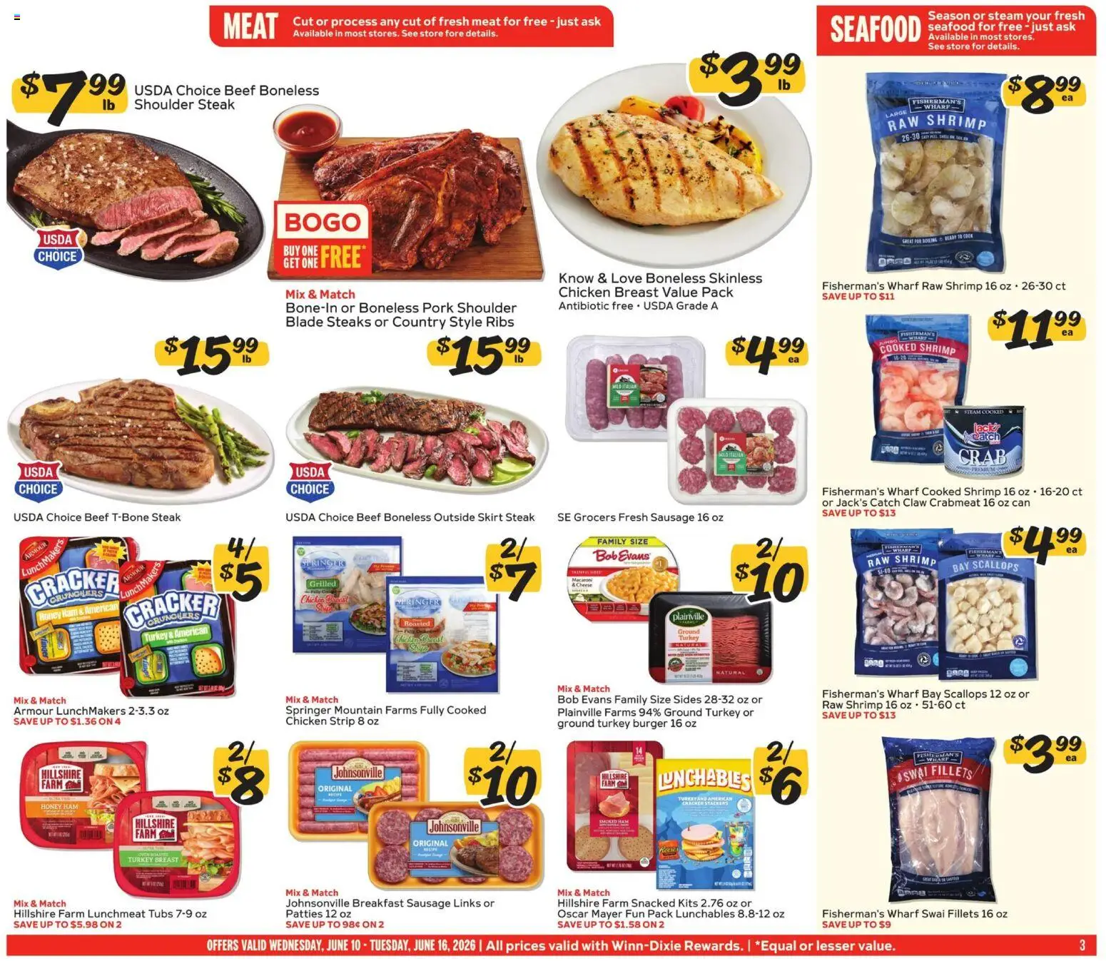 Winn Dixie Weekly Ad - valid from 10.06.2026 | Page: 3 | Products: Ham, Beef, Seafood, Sausage