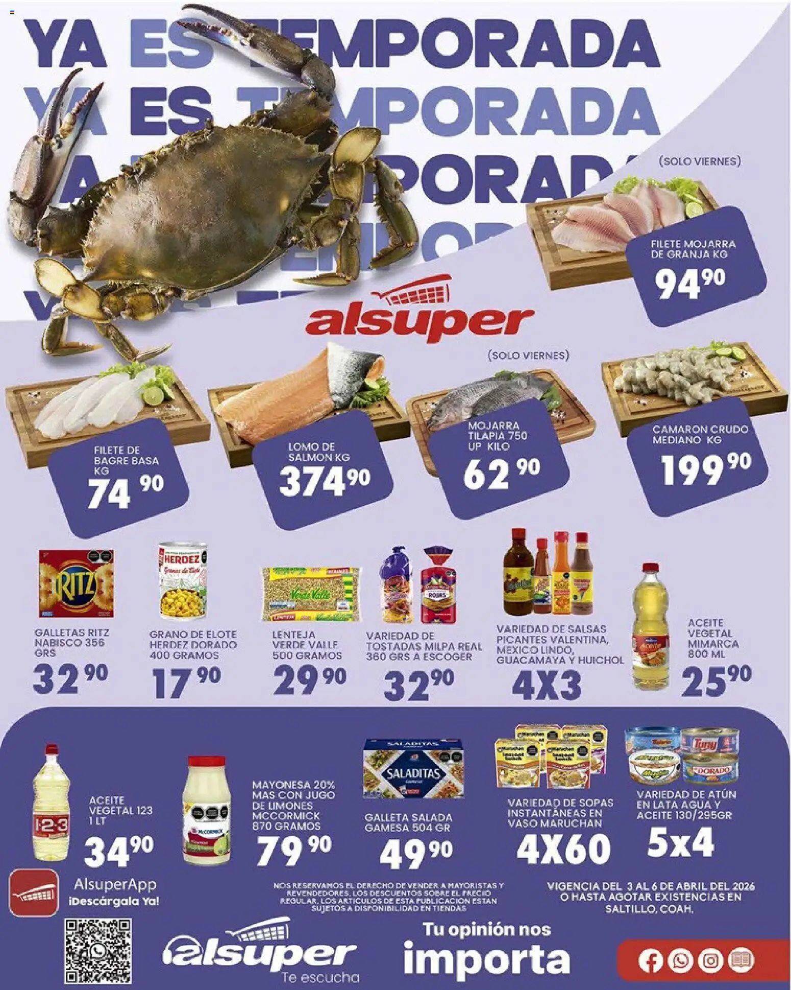 Nuevas ofertas de Alsuper válidas en toda la República Mexicana desde el 03/04/2026. ¡Encuentra las mejores ofertas en Alsuper folleto Saltillo! | Página: 1 | Productos: Mayonesa, Atún, Agua, Té