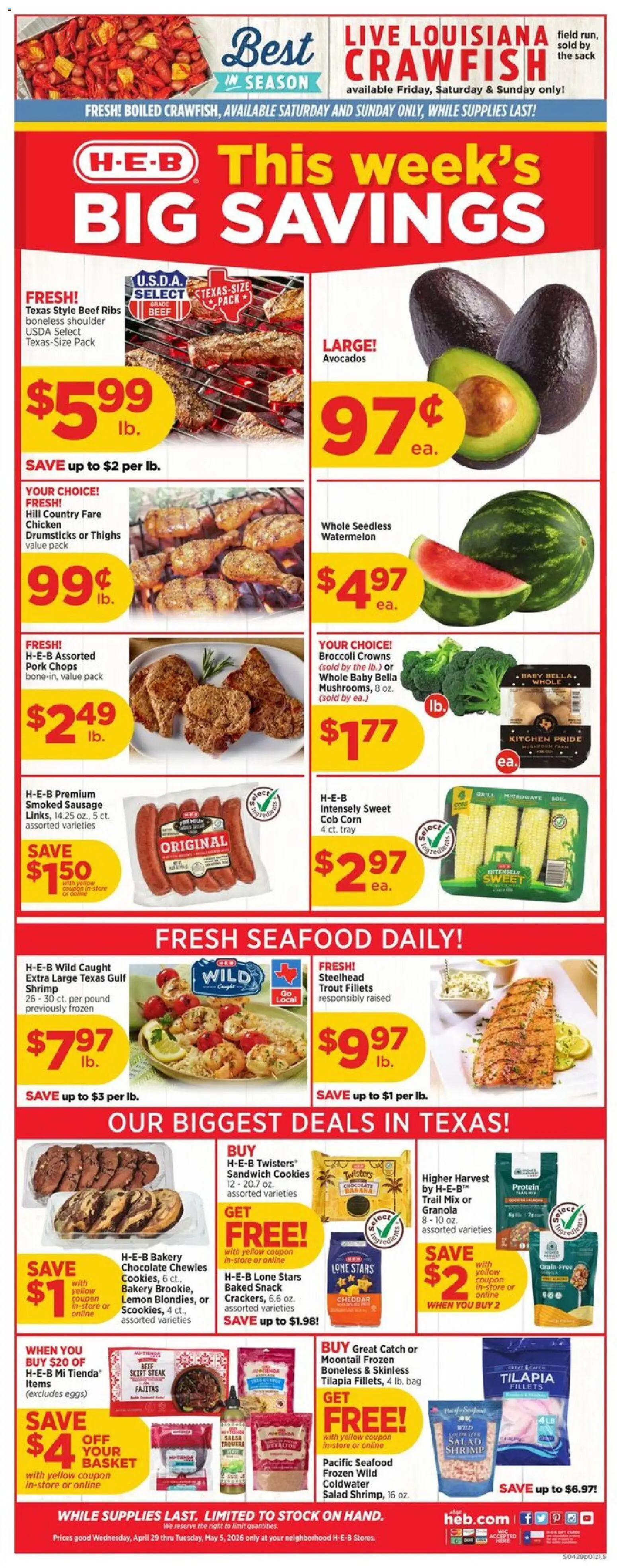 H-E-B Weekly Ad - valid from 29.04.2026 | Page: 1 | Products: Bakery, Corn, Broccoli, Microwave