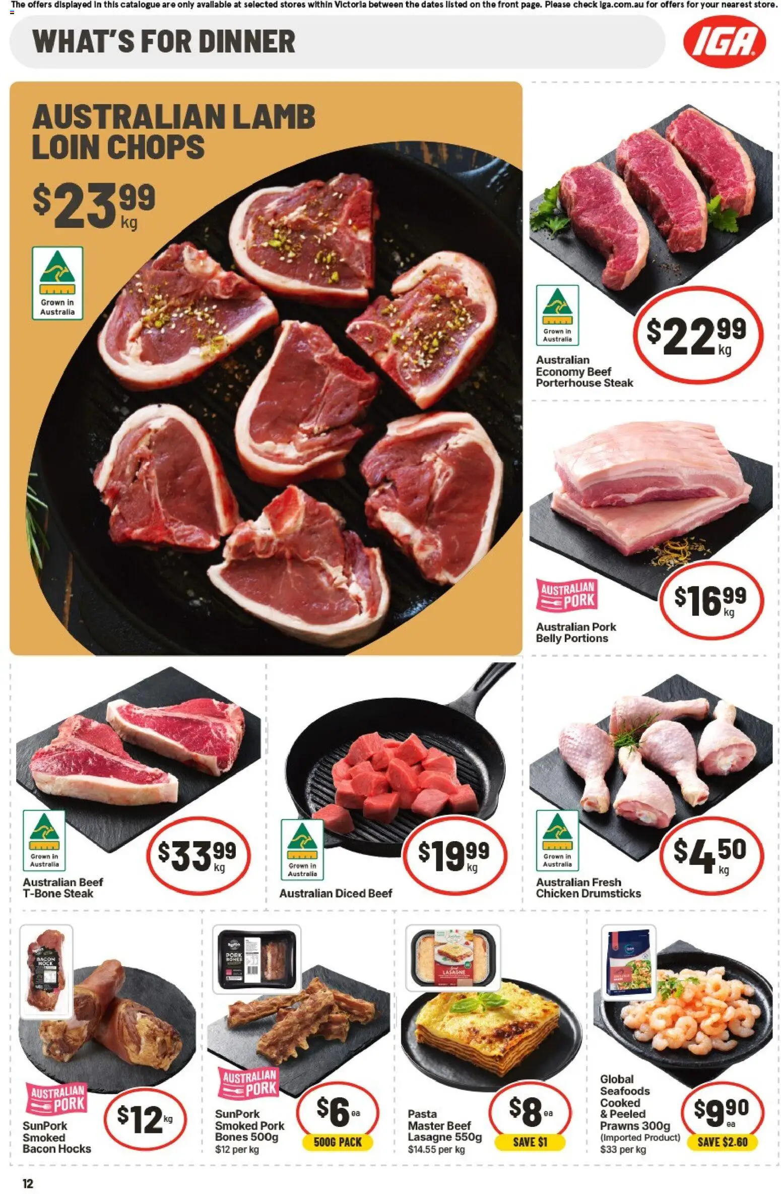 IGA catalogue - valid from 12/08/2026 | Page: 12 | Products: Bacon, Pork belly, Prawns, Lasagne