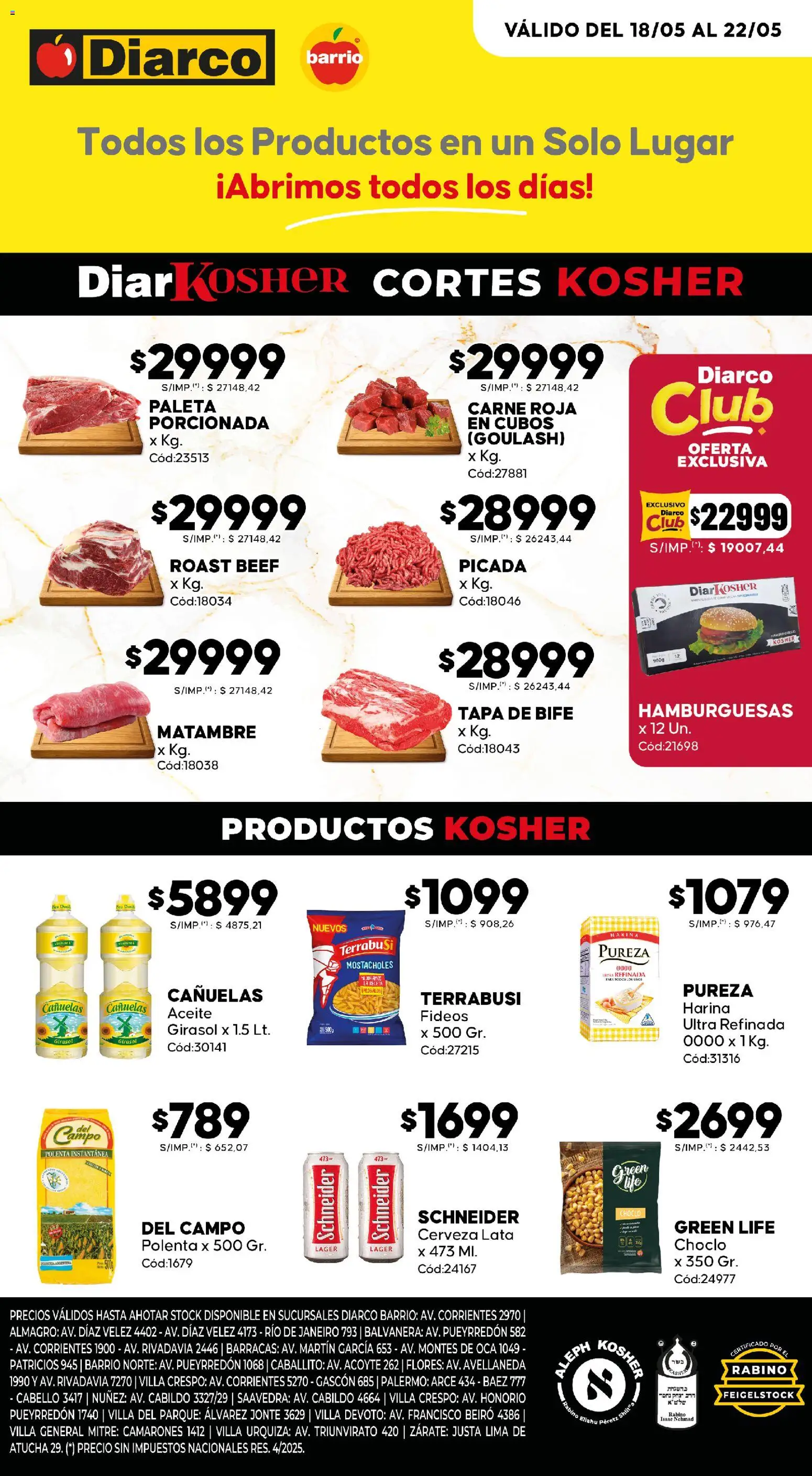 Diarco - Ofertas Kosher │ válido desde el 18.05.2026 | Página: 1 | Productos: Choclo, Aceite, General, Cerveza