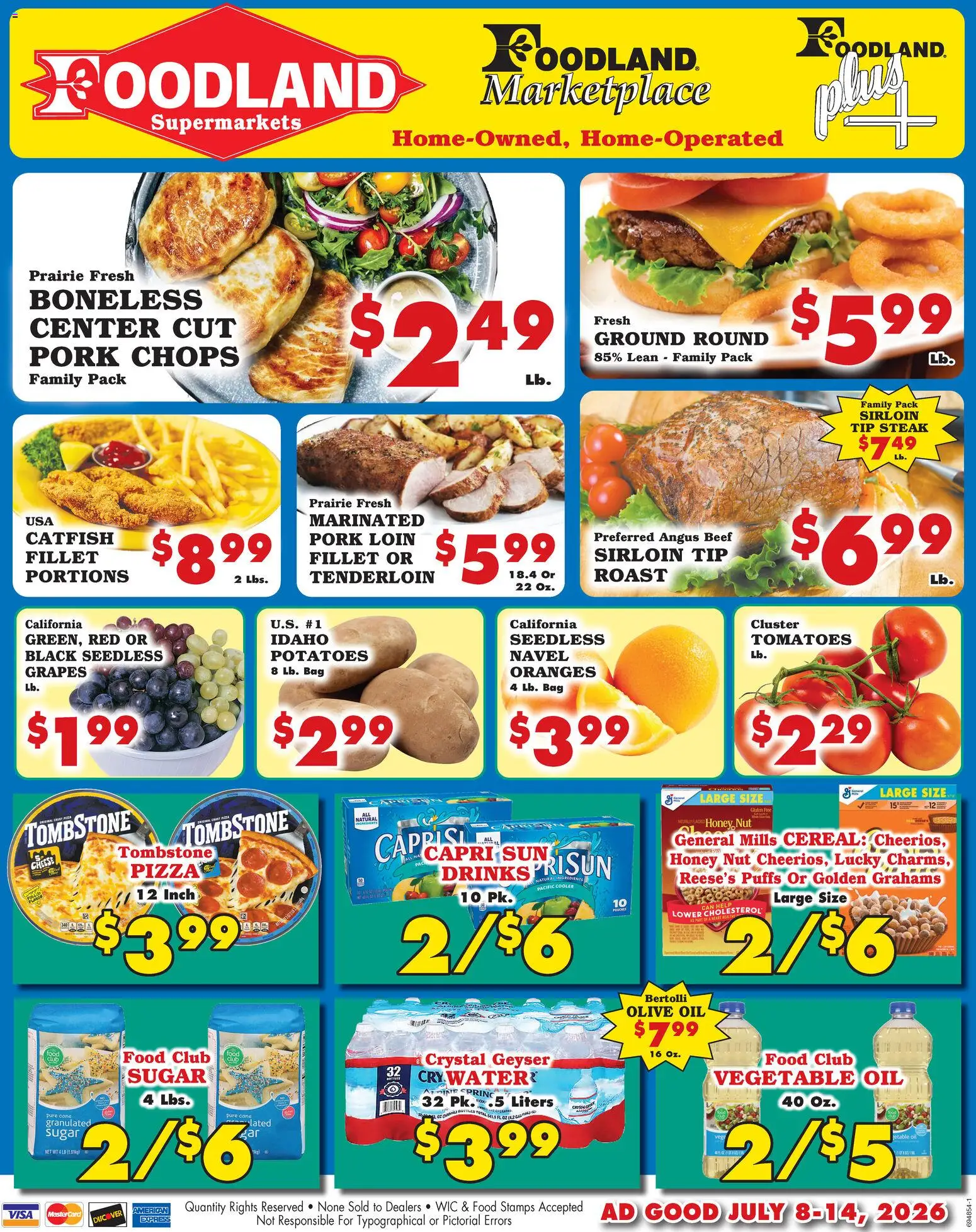 Foodland Weekly Ad - Supermarkets - valid from 07/08/2026 | Page: 1 | Products: Pork, Tomatoes, Beef, Bag