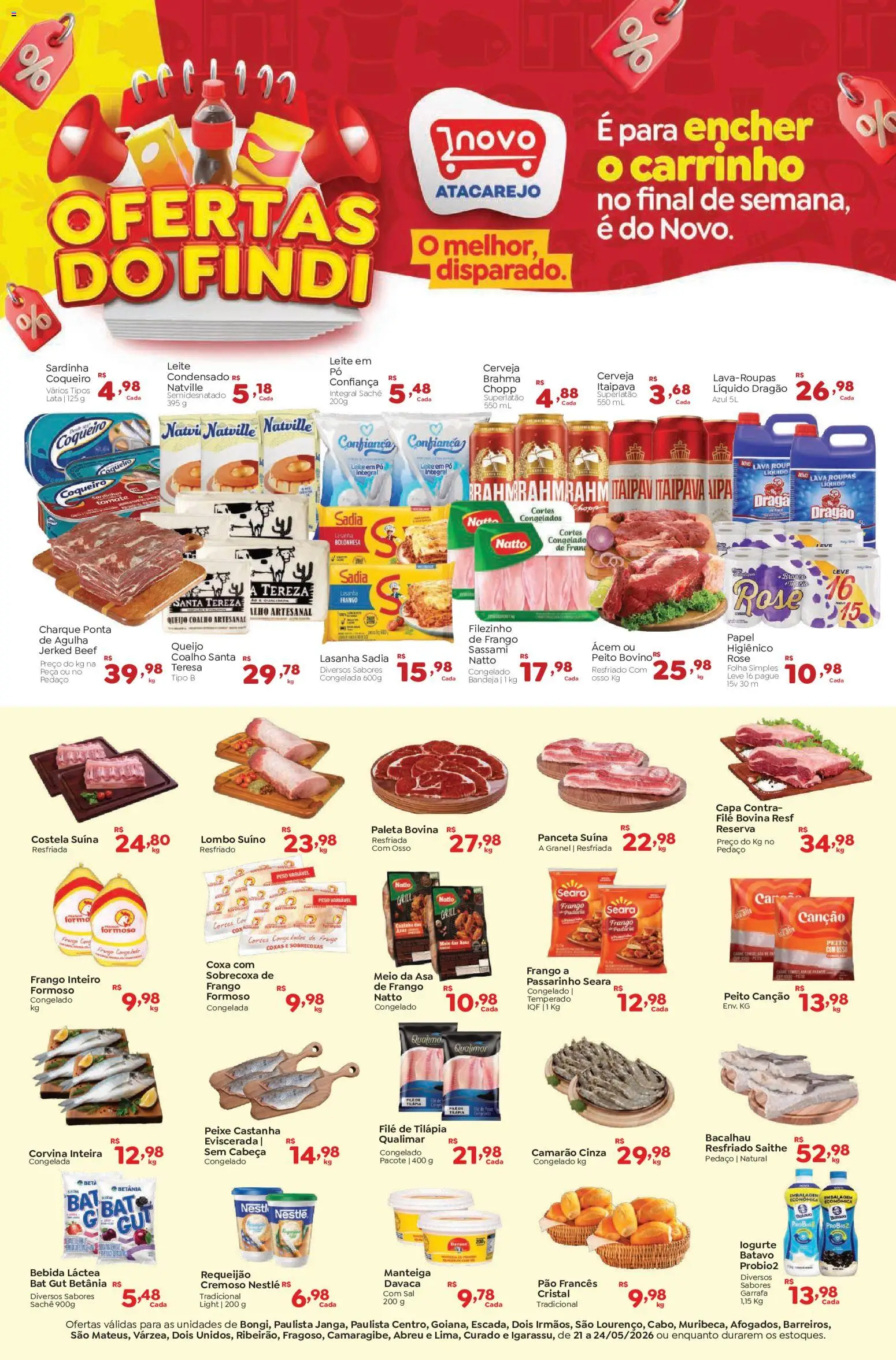 Novo Atacarejo Folheto - válido de 21.05.2026 | Página: 1 | Produtos: Cerveja, Lasanha, Bebida, Filé de tilápia