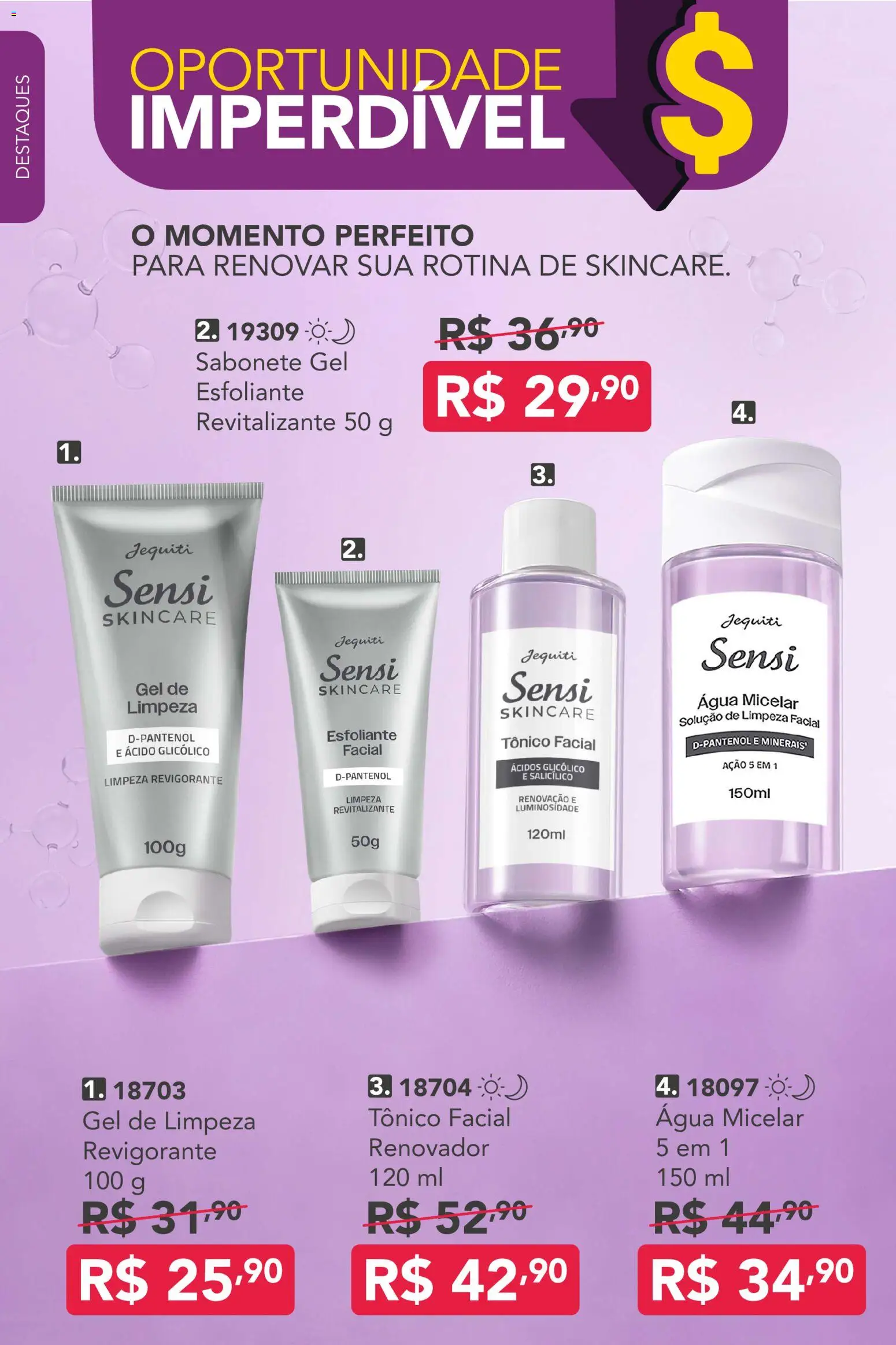 Jequiti Folheto - válido de 14/07/2026 | Página: 5 | Produtos: Tônico, Água micelar, Gel de limpeza, Sabonete