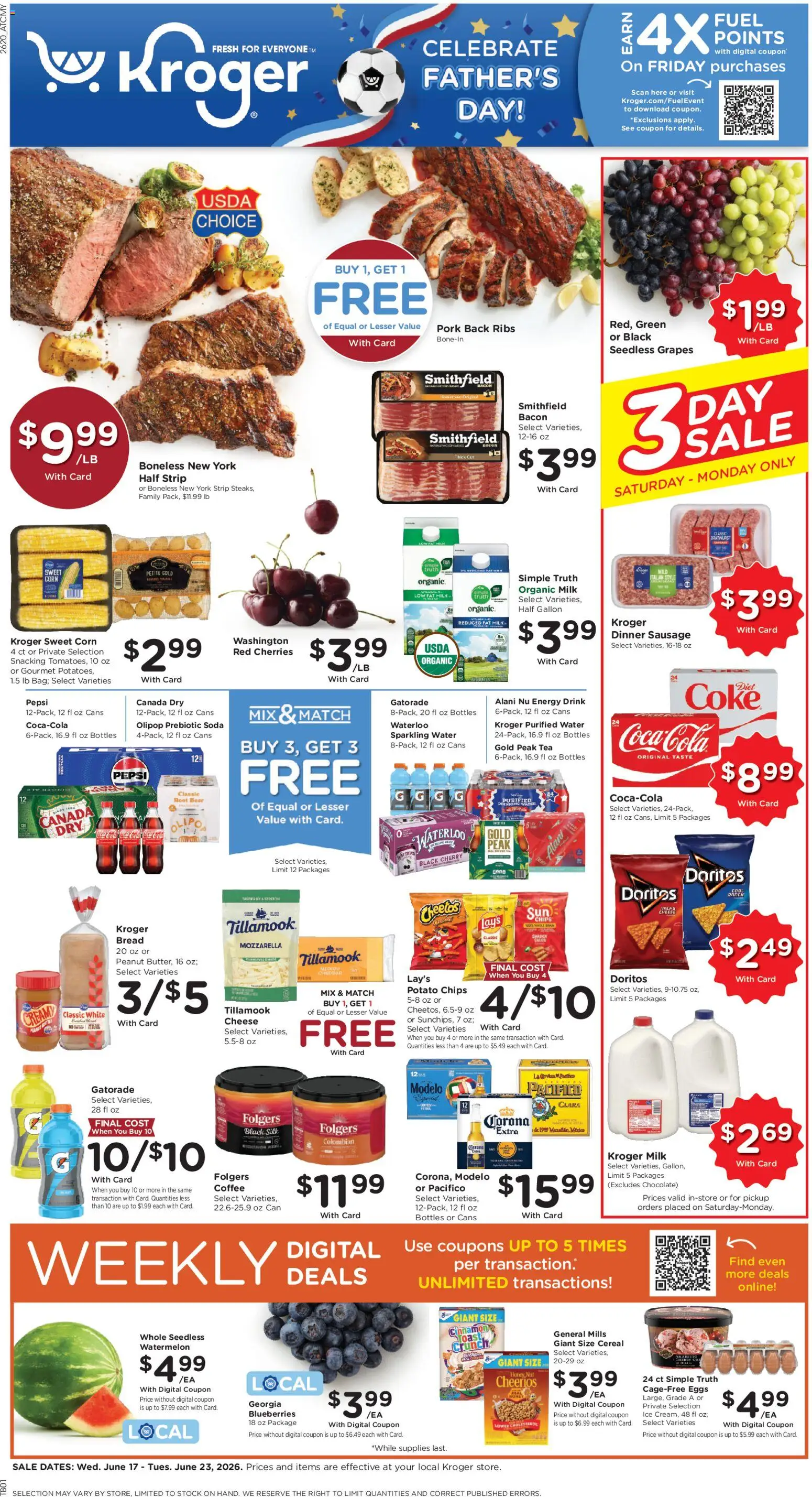 Kroger Weekly Ad - valid from 17.06.2026 | Page: 1 | Products: Corn, Water, Sausage, Blueberries