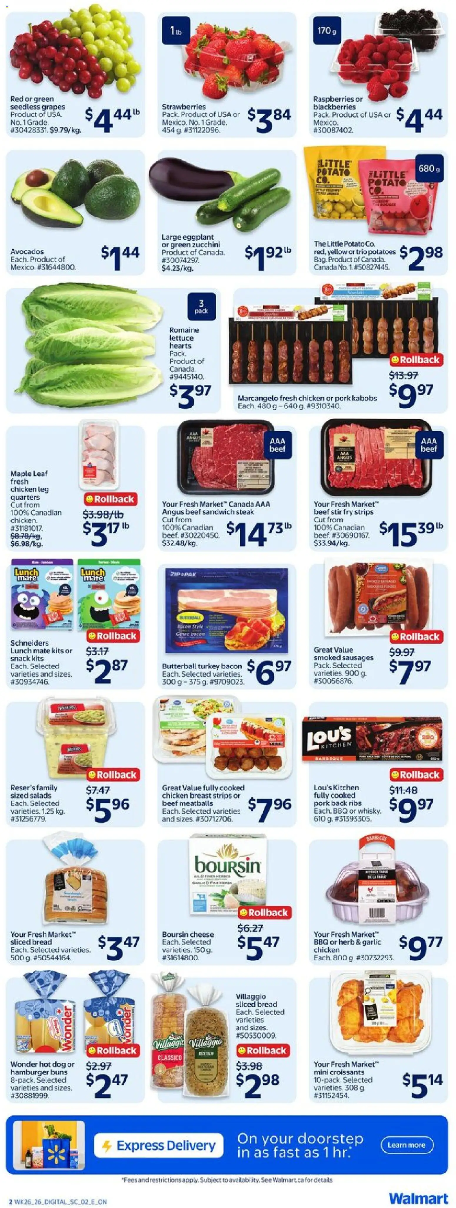 Walmart flyer valid from Jul 23, 2026 | Page: 3 | Products: Eggplant, Sausages, Bread, Seedless grapes