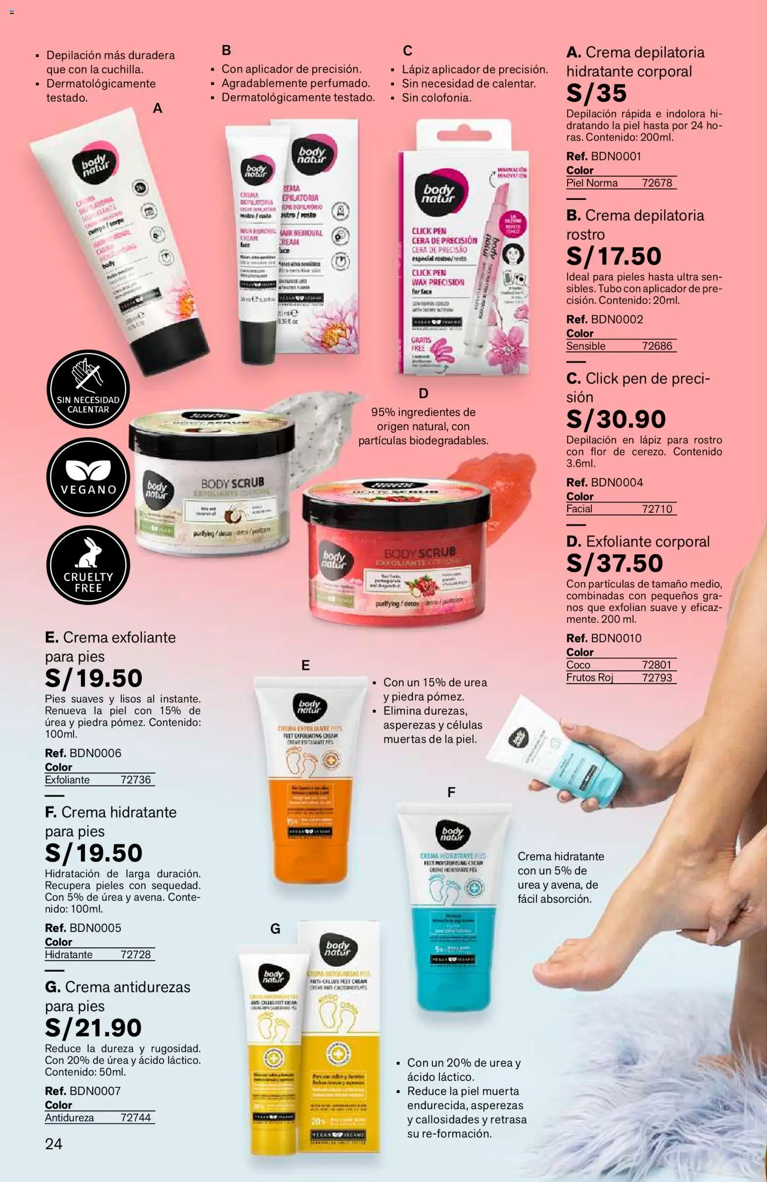 Catálogo Leonisa válido desde 24/08/2026 | Página: 24 | Productos: Exfoliante, Crema depilatoria, Crema, Ingredientes