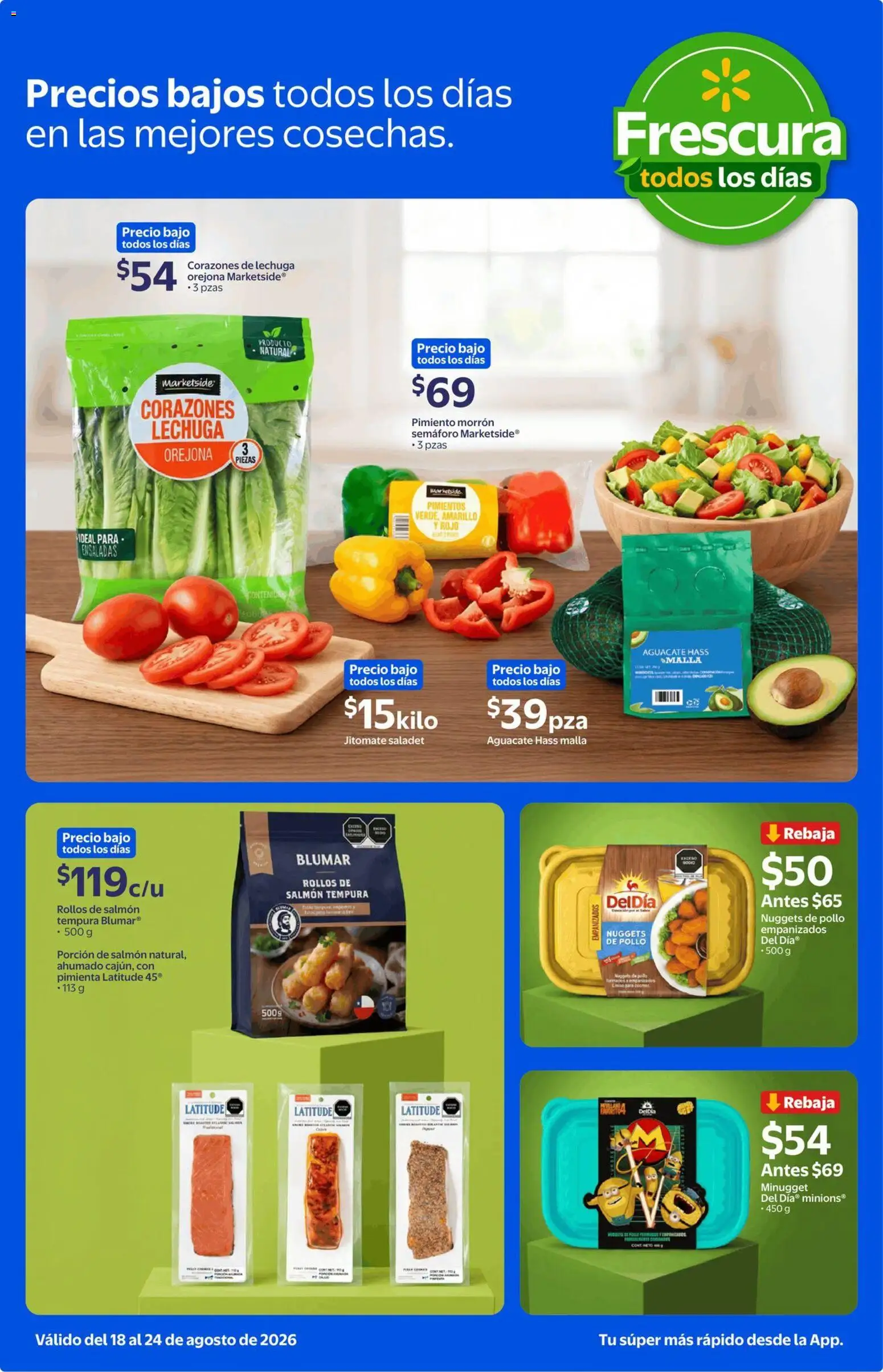 Nuevas ofertas de Walmart Express válidas en toda la República Mexicana desde el 18/08/2026. ¡Encuentra las mejores ofertas en Walmart Express folleto Calidad y frescura a precios bajos! | Página: 2 | Productos: Salmón, Pimiento morrón, Lechuga, Aguacate