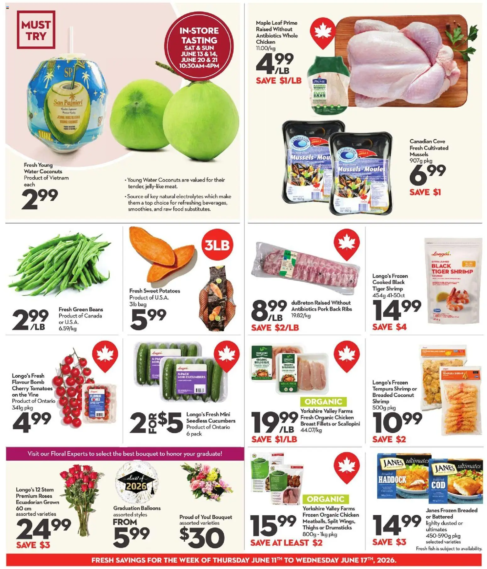 Longo's flyer valid from 11.06.2026 | Page: 5 | Products: Fish, Cucumbers, Potatoes, Tomatoes