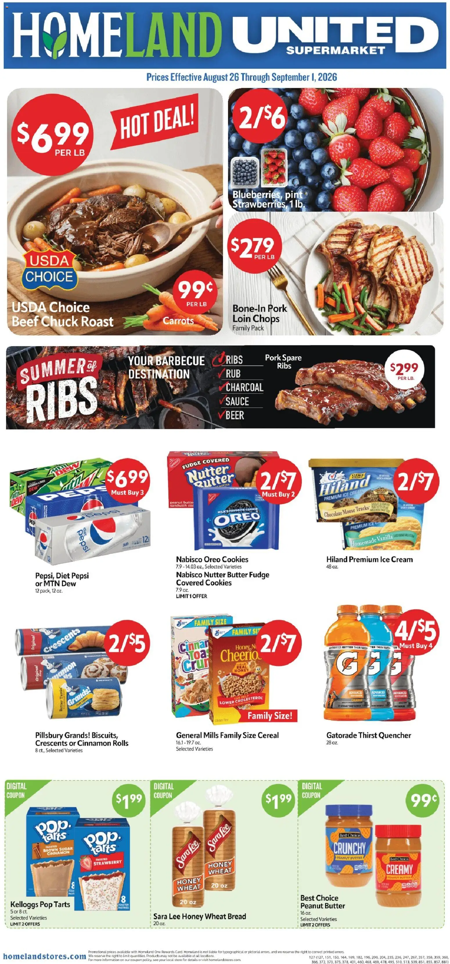 Homeland Weekly Ad - valid from 08/26/2026 | Page: 1 | Products: Ice cream, Cereal, Beef chuck, Carrots