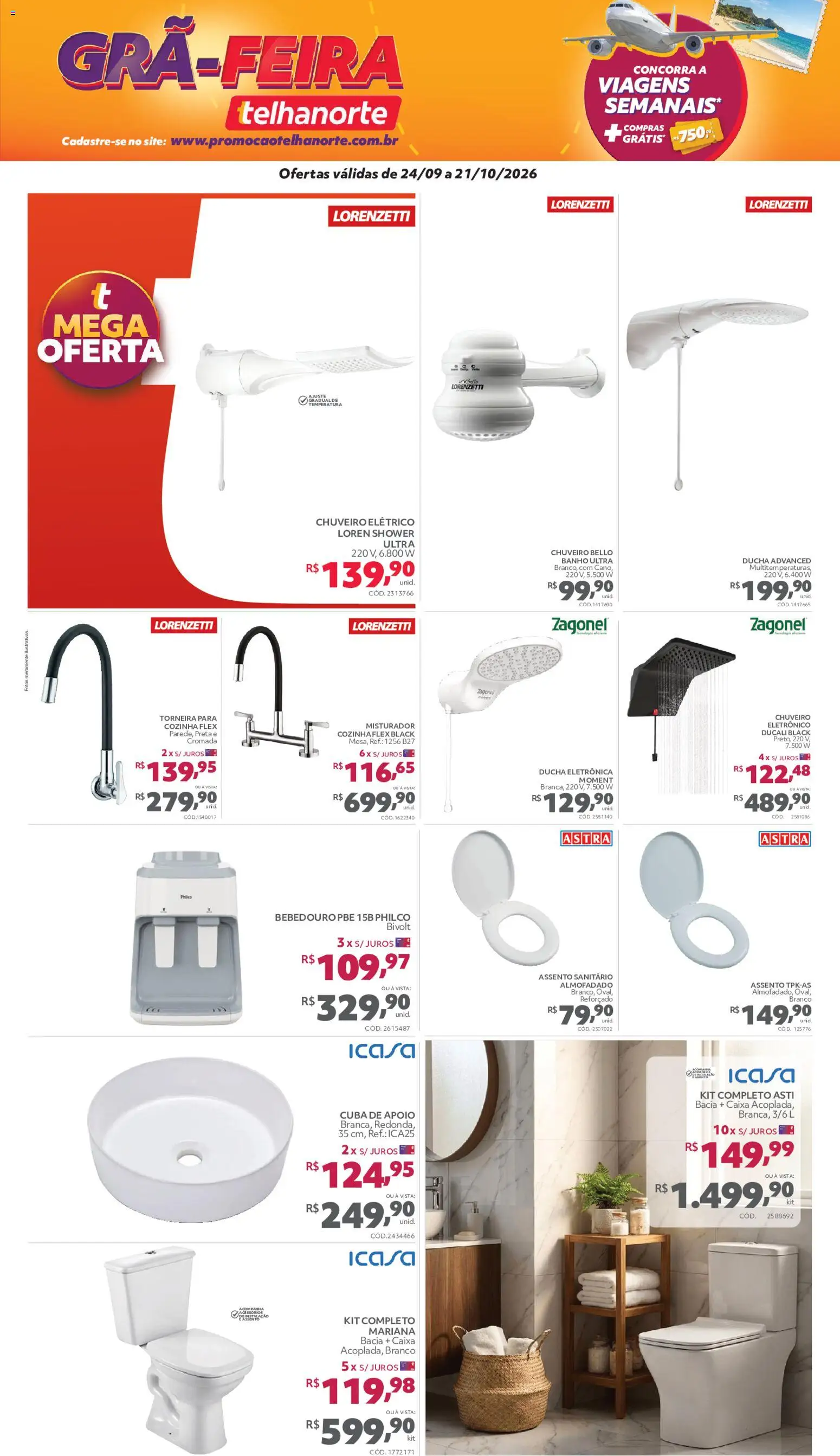 Telhanorte Folheto - válido de 24/09/2026 | Página: 9 | Produtos: Caixa, Chuveiro, Torneira, Cuba