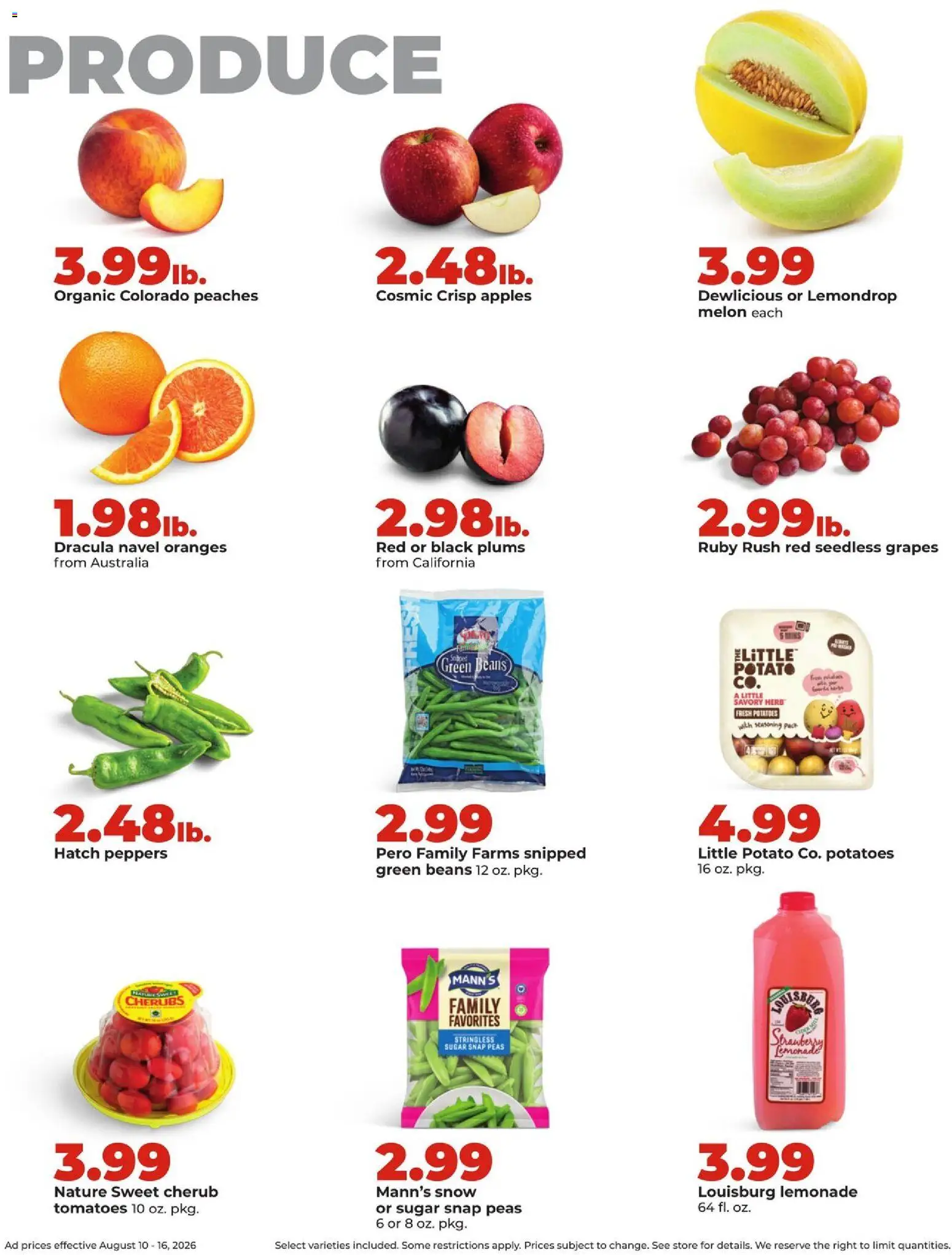 HyVee Weekly Ad - valid from 08/10/2026 | Page: 12 | Products: Peaches, Potatoes, Sugar, Seedless grapes