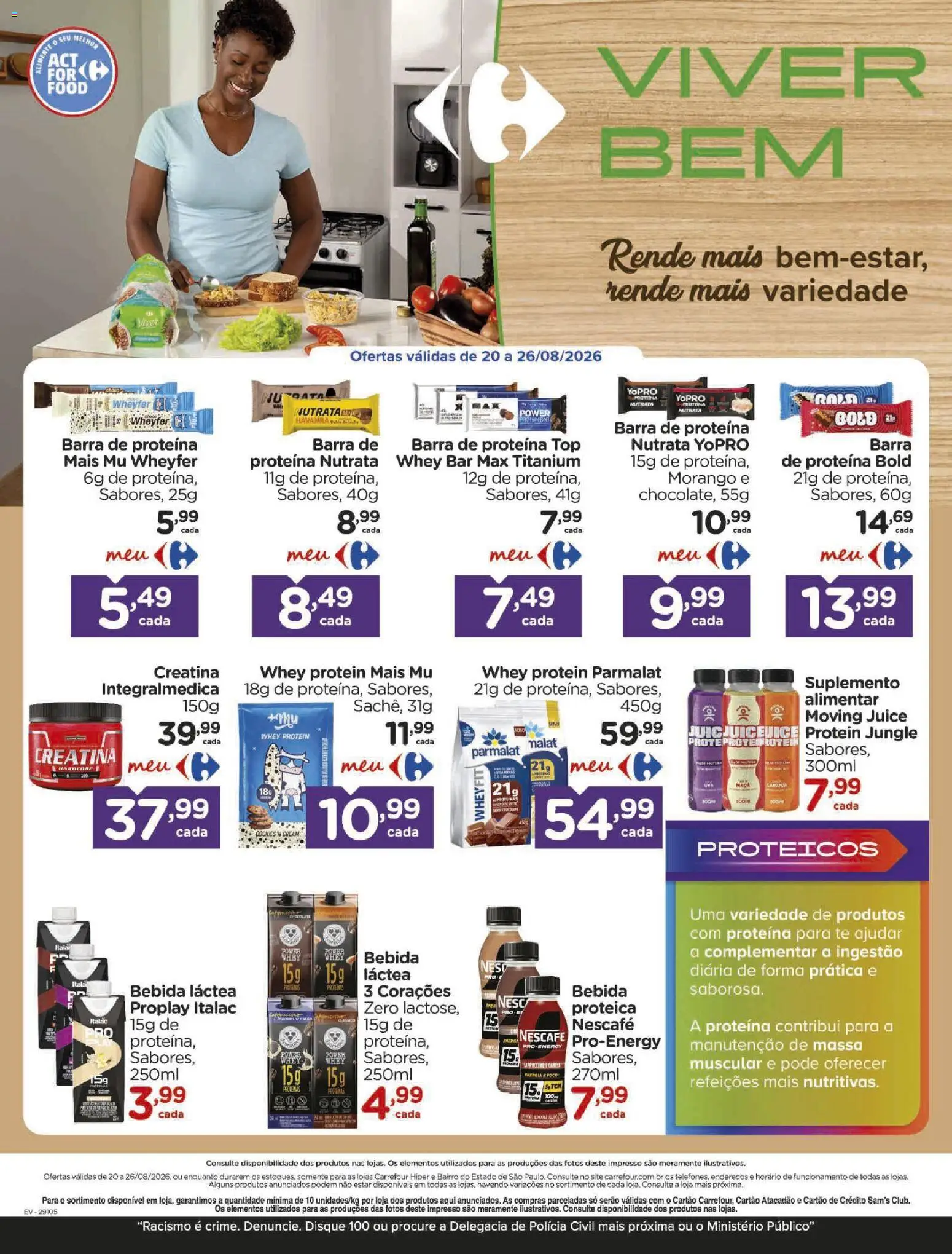 Carrefour Folheto - válido de 20/08/2026 | Página: 1 | Produtos: Creatina, Chocolate, Bebida, Proteína