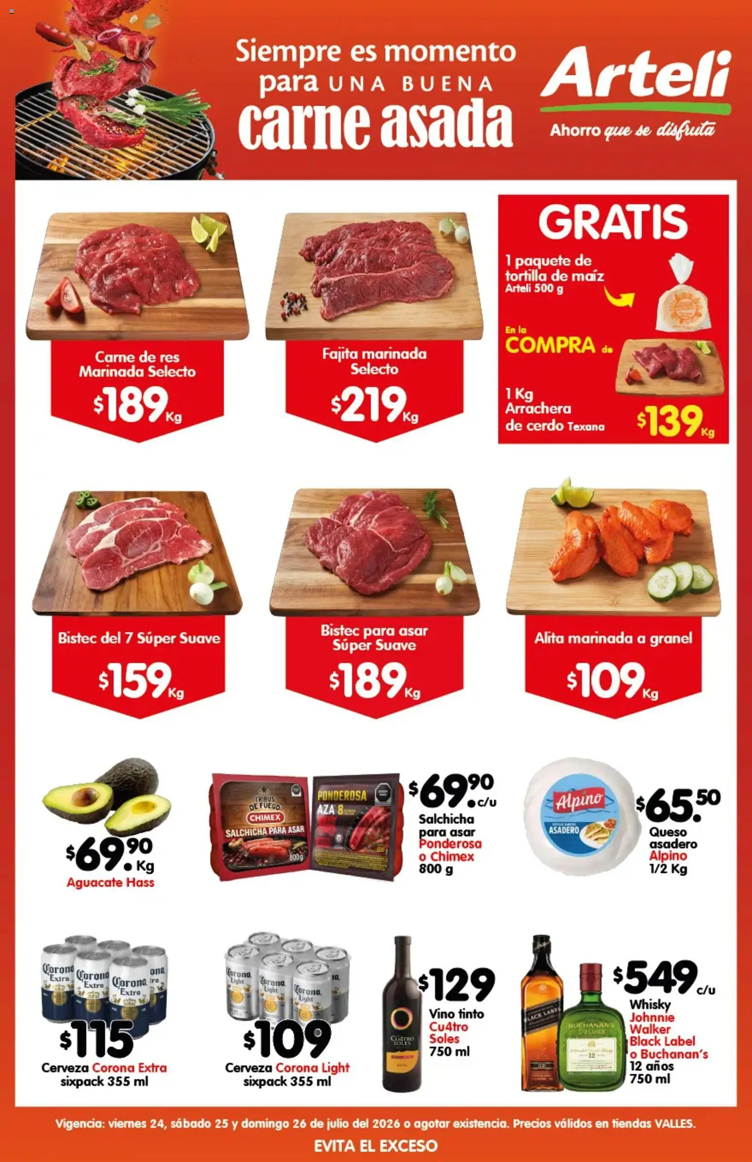 Nuevas ofertas de Arteli válidas en toda la República Mexicana desde el 24/07/2026. ¡Encuentra las mejores ofertas en Arteli folleto Carne Valles! | Página: 1 | Productos: Maíz, Aguacate, Cerdo, Vino