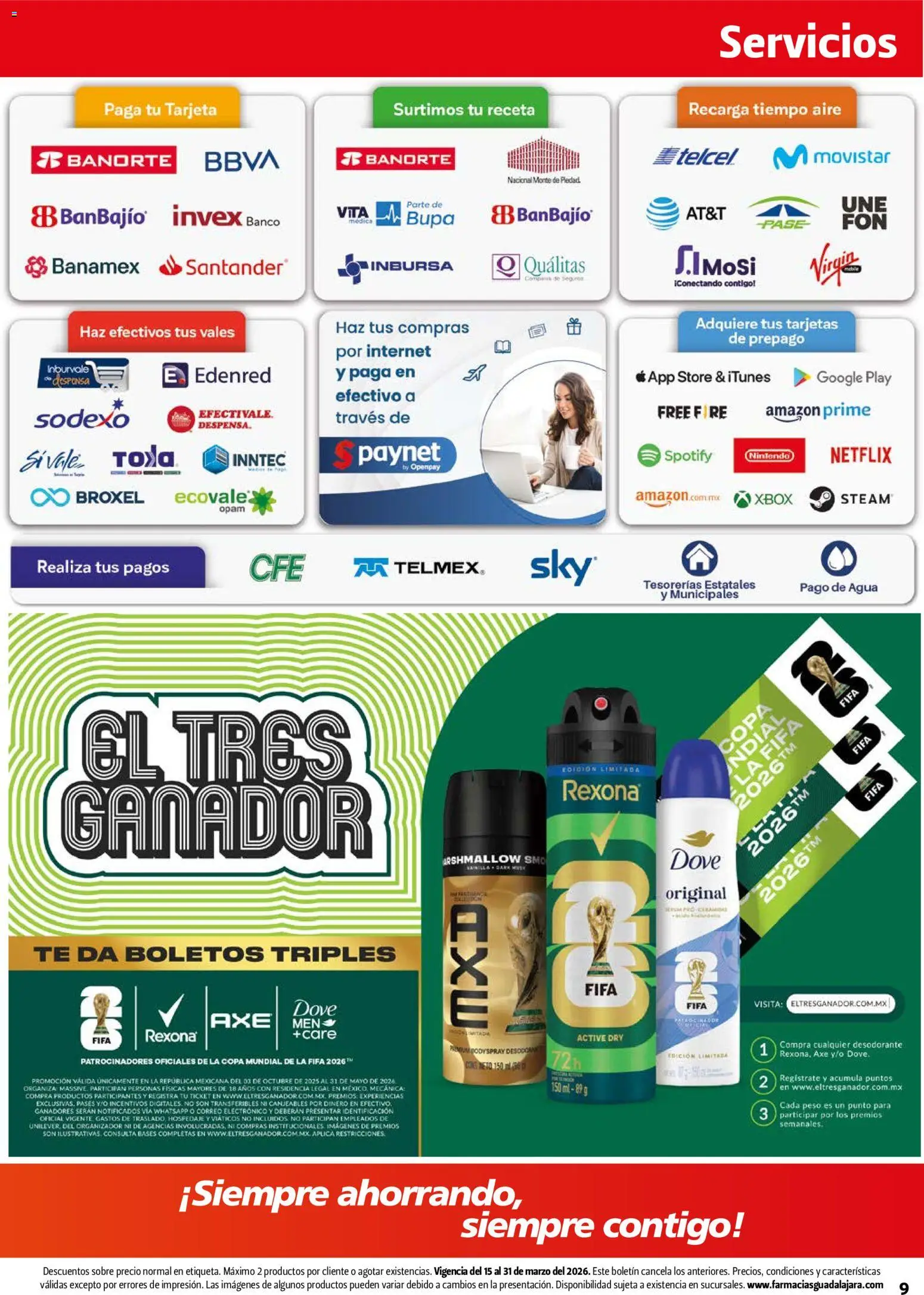 Nuevas ofertas de Farmacia Guadalajara válidas en toda la República Mexicana desde el 15.03.2026. ¡Encuentra las mejores ofertas en Farmacia Guadalajara catálogo! | Página: 9 | Productos: Desodorante, Agua, Organizador, Sobre