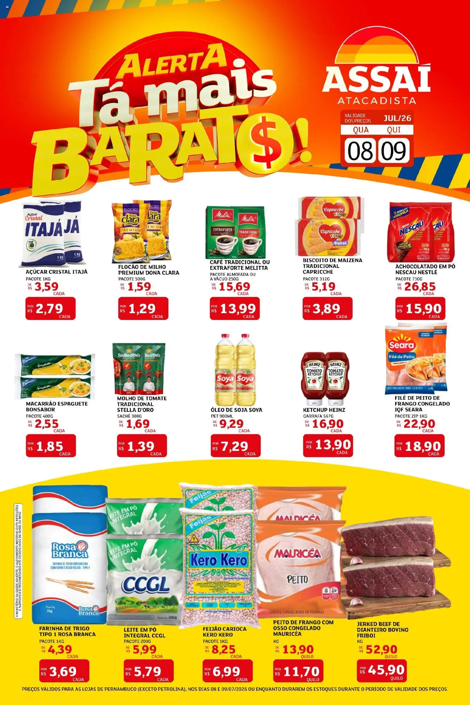 Assaí Atacadista Folheto - válido de 08/07/2026 | Página: 1 | Produtos: Molho de tomate, Almofada, Açúcar, Peito de frango