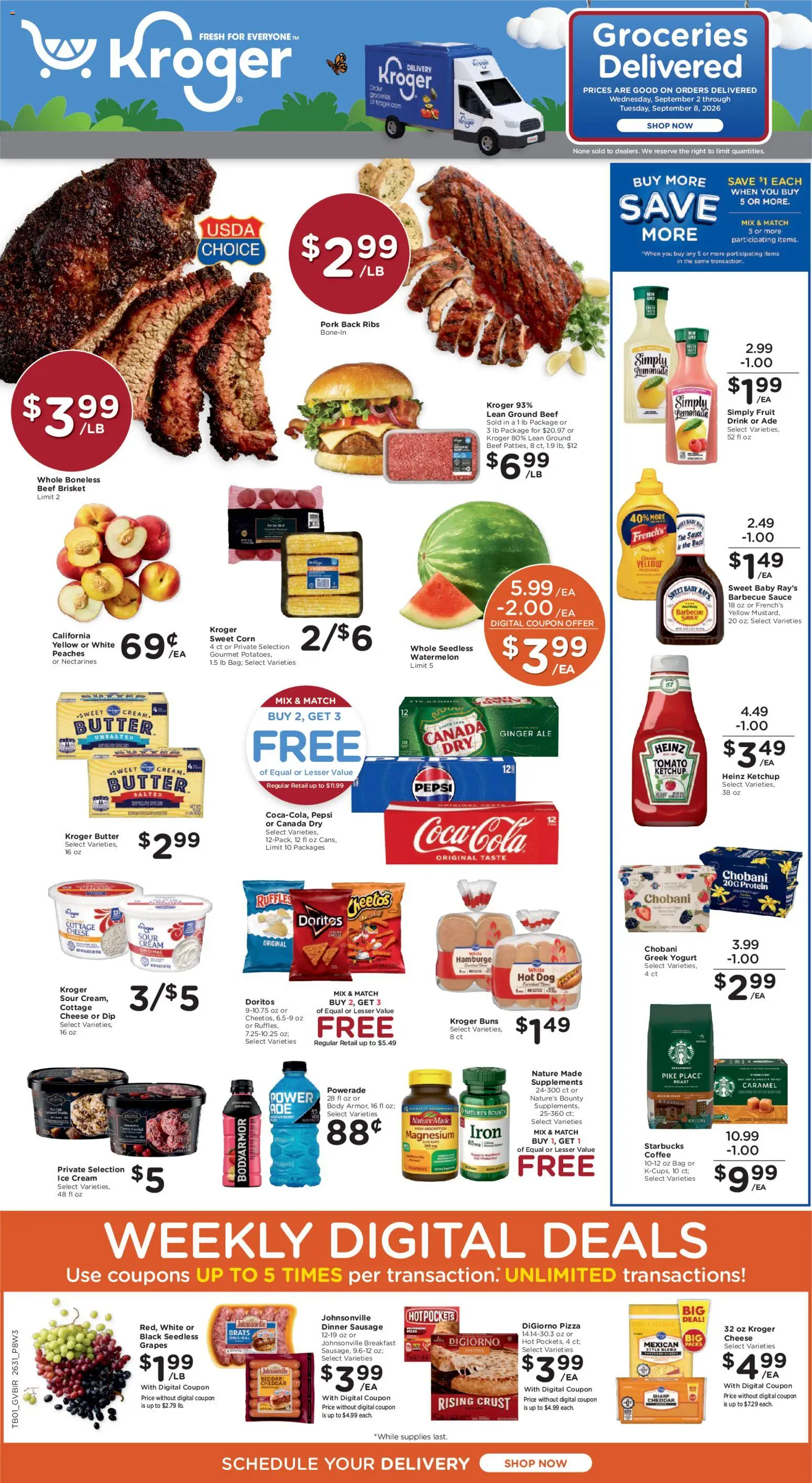 Kroger Ad - valid from 09/02/2026 | Page: 1 | Products: Corn, Ground beef, Greek yogurt, Lemonade