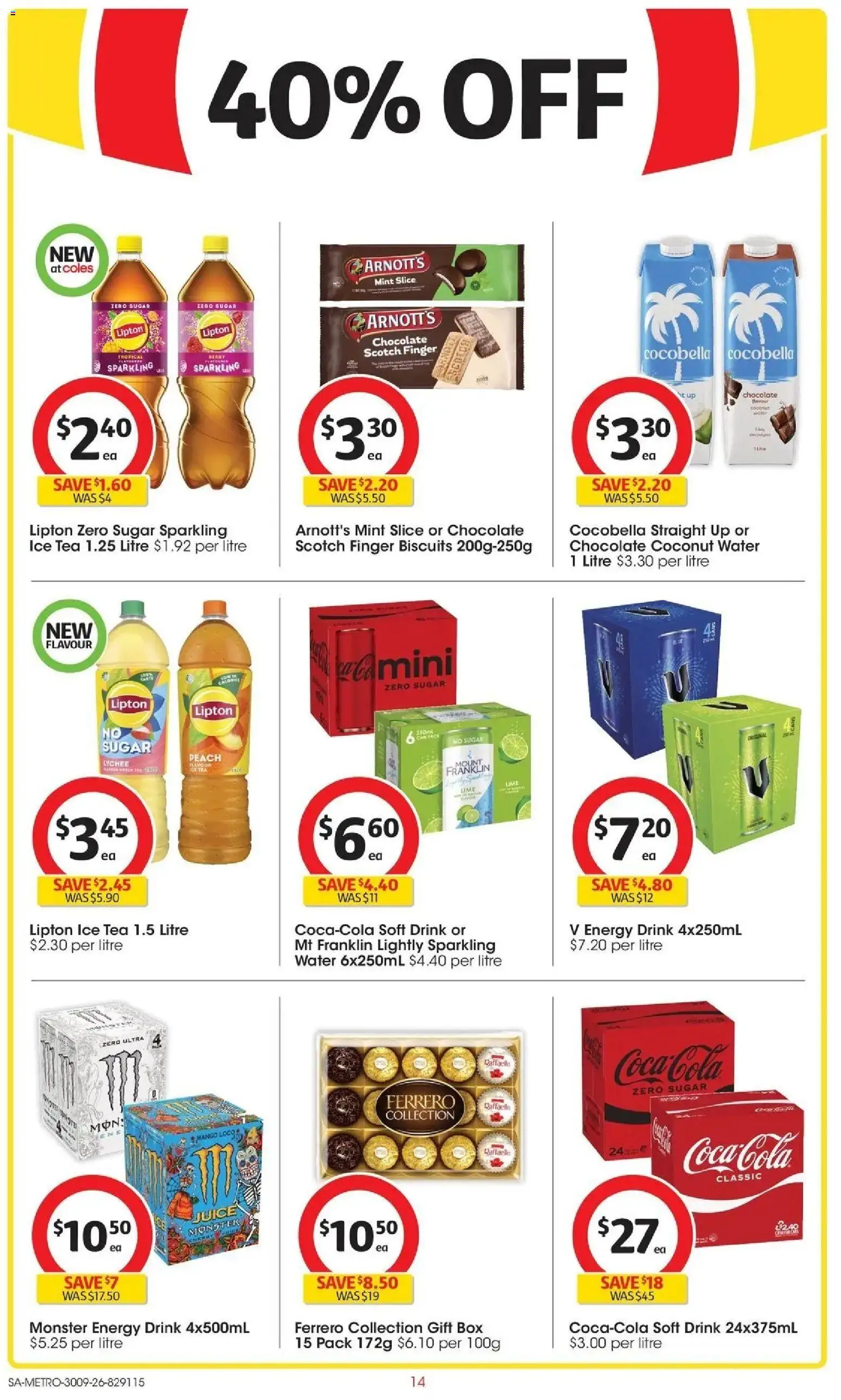 Coles catalogue - valid from 30/09/2026 | Page: 14 | Products: Energy drink, Chocolate, Biscuits, Water