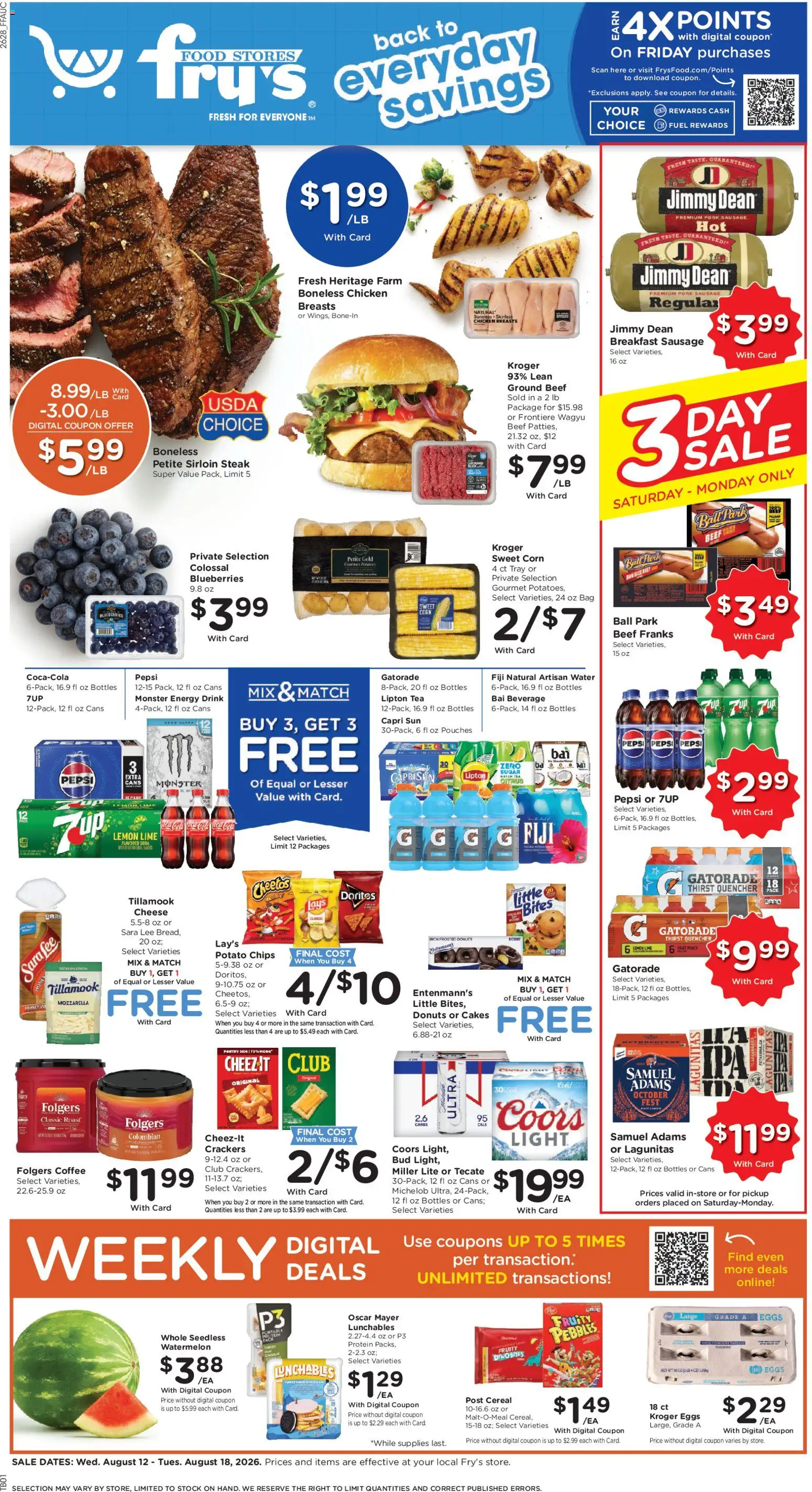 Fry's Food Weekly Ad - valid from 08/12/2026 | Page: 1 | Products: Crackers, Protein, Chips, Fruit