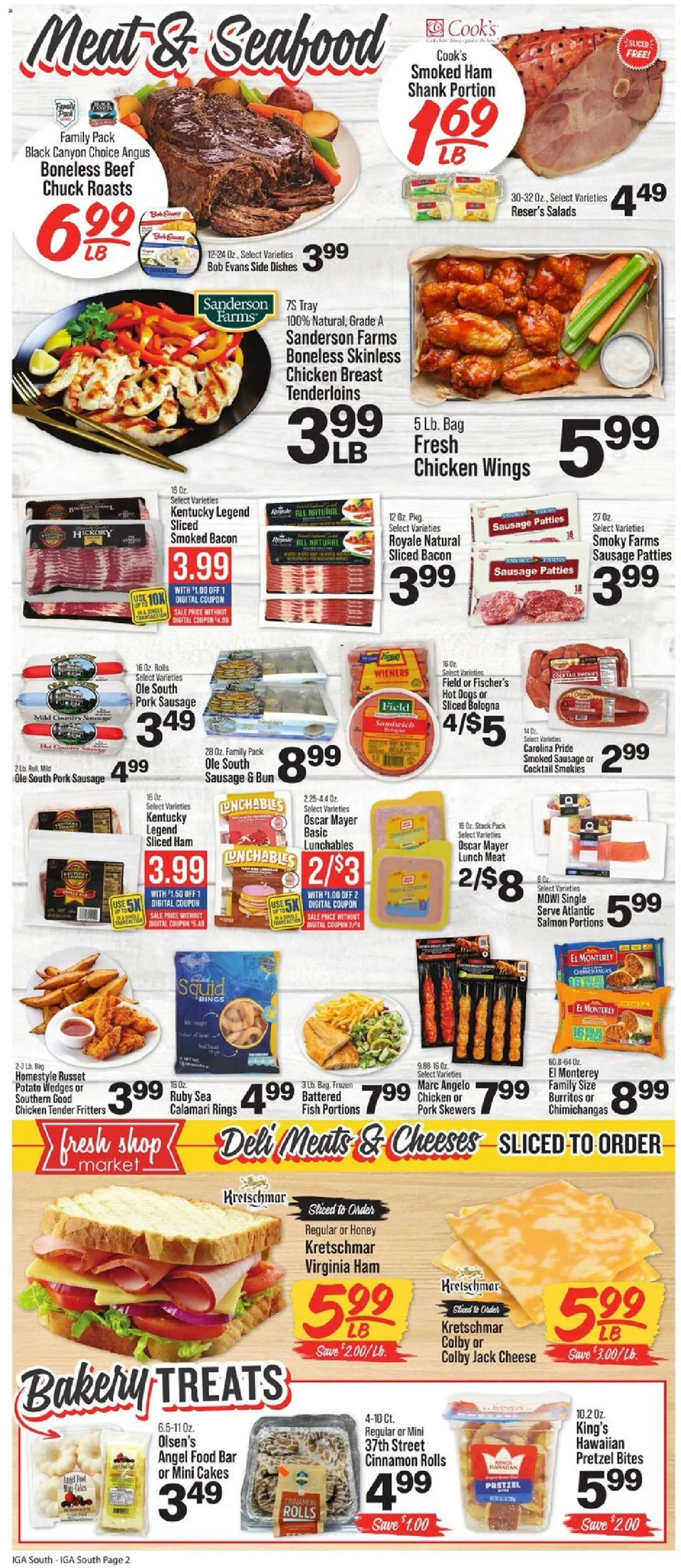 IGA Weekly Ad - valid from 07/08/2026 | Page: 2 | Products: Bakery, Pork, Seafood, Hot Dogs
