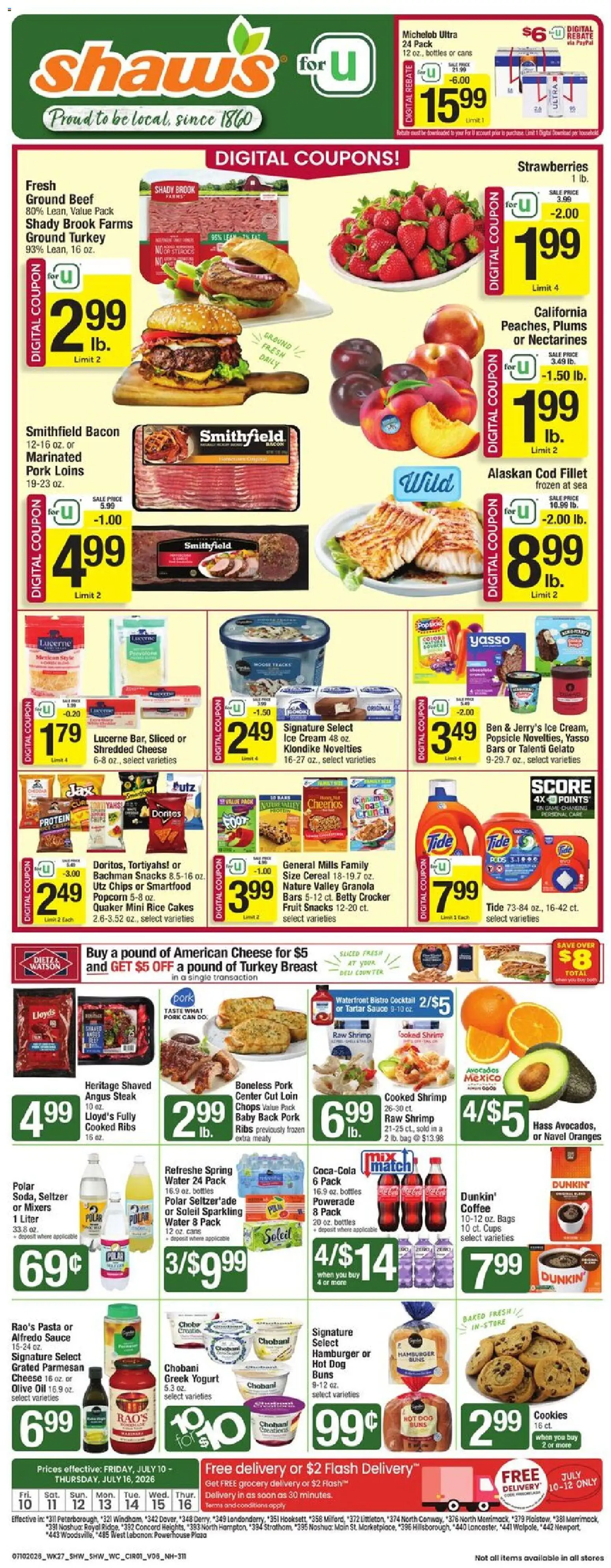 Shaw's Weekly Ad - NH - valid from 07/10/2026 | Page: 1 | Products: Cheese, Rice, Cookies, Water