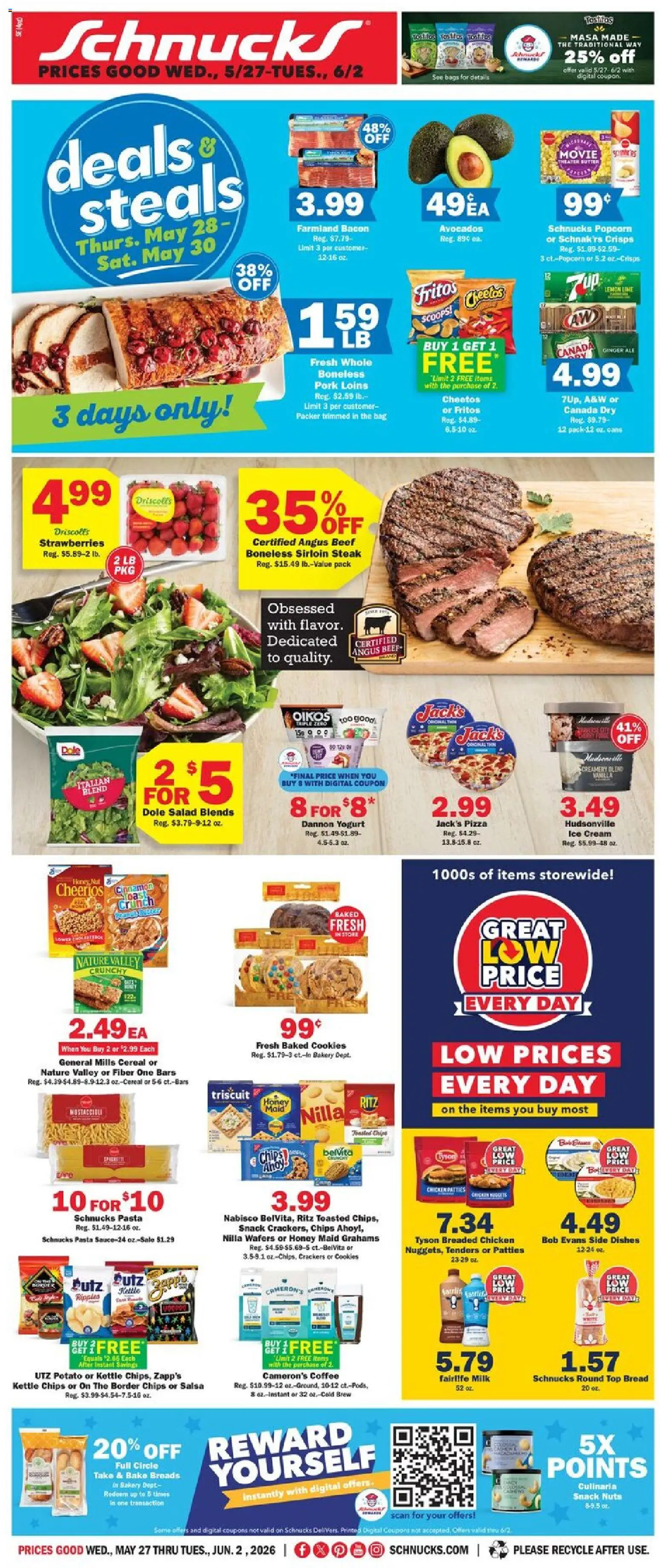 Schnucks Weekly Print Ad - IN - valid from 27.05.2026 | Page: 1 | Products: Pork, Chips, Cookies, Salad
