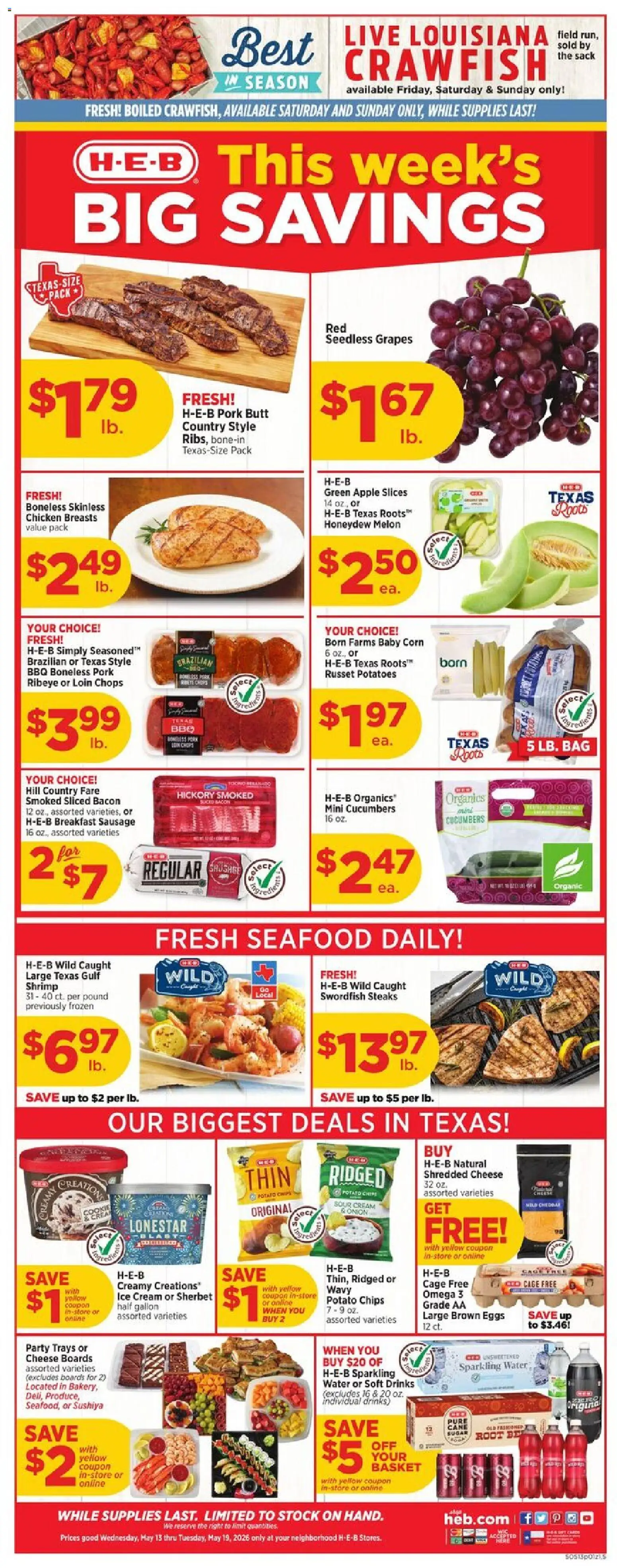 H-E-B Weekly Ad - valid from 13.05.2026 | Page: 1 | Products: Pork, Water, Seafood, Grapes