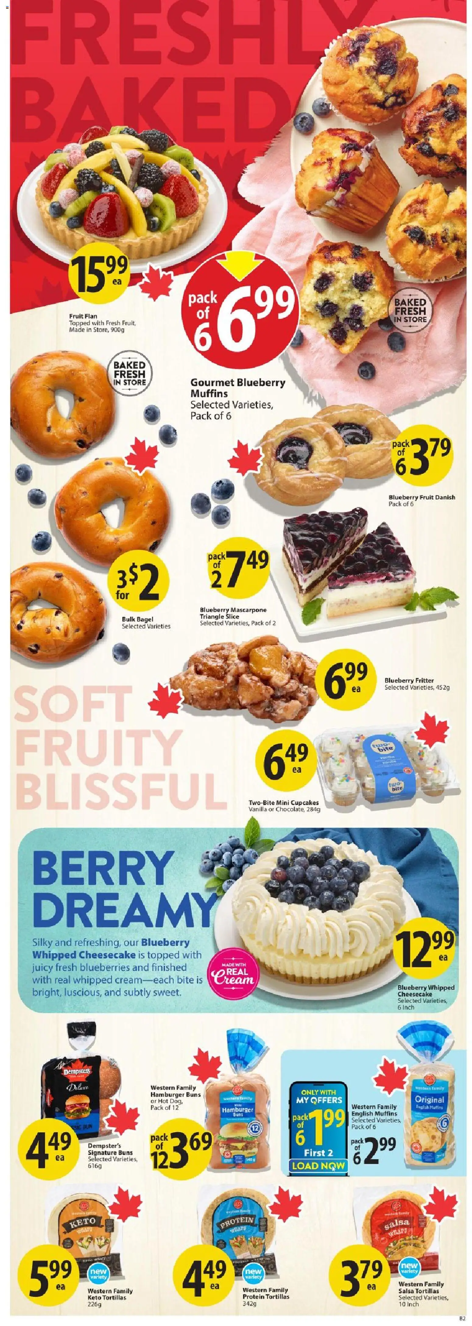 Save on foods flyer valid from Jul 23, 2026 | Page: 12 | Products: Fruit, Hamburger, Muffins, Vanilla