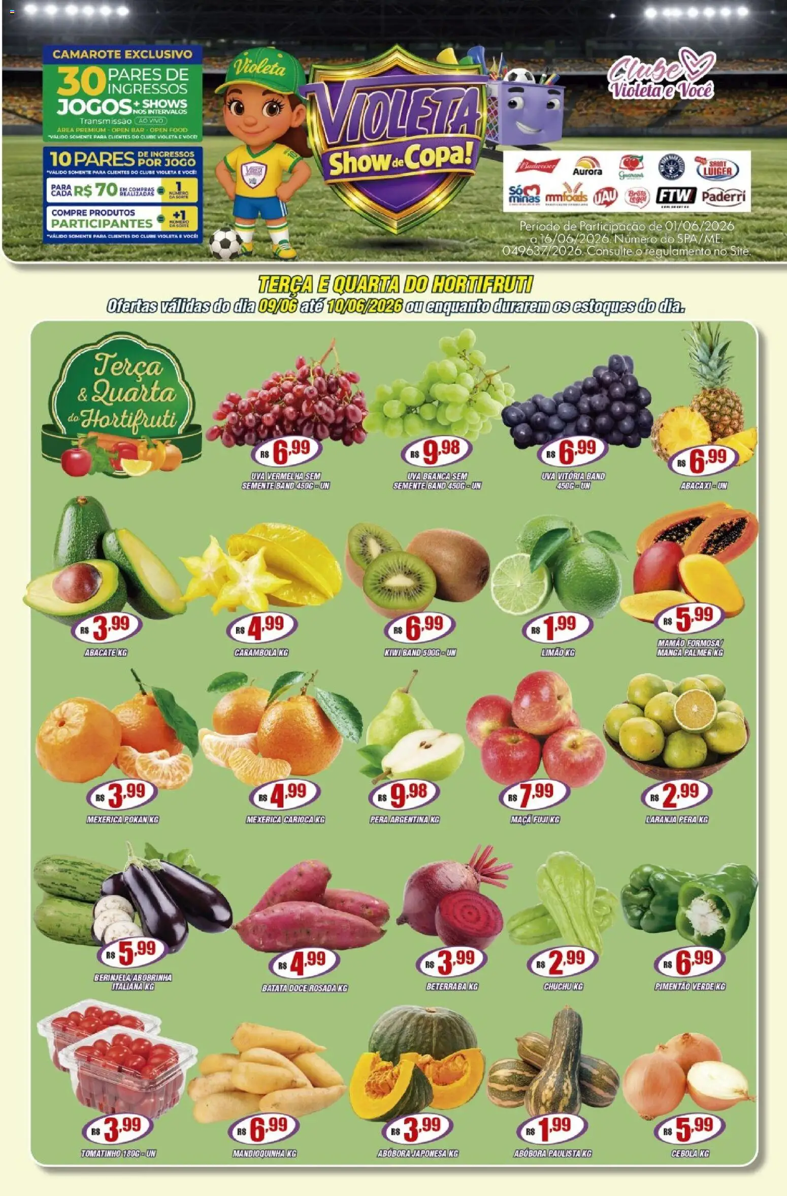 Violeta Supermercados Folheto - válido de 09.06.2026 | Página: 1 | Produtos: Abóbora, Guaraná, Mamão, Batata