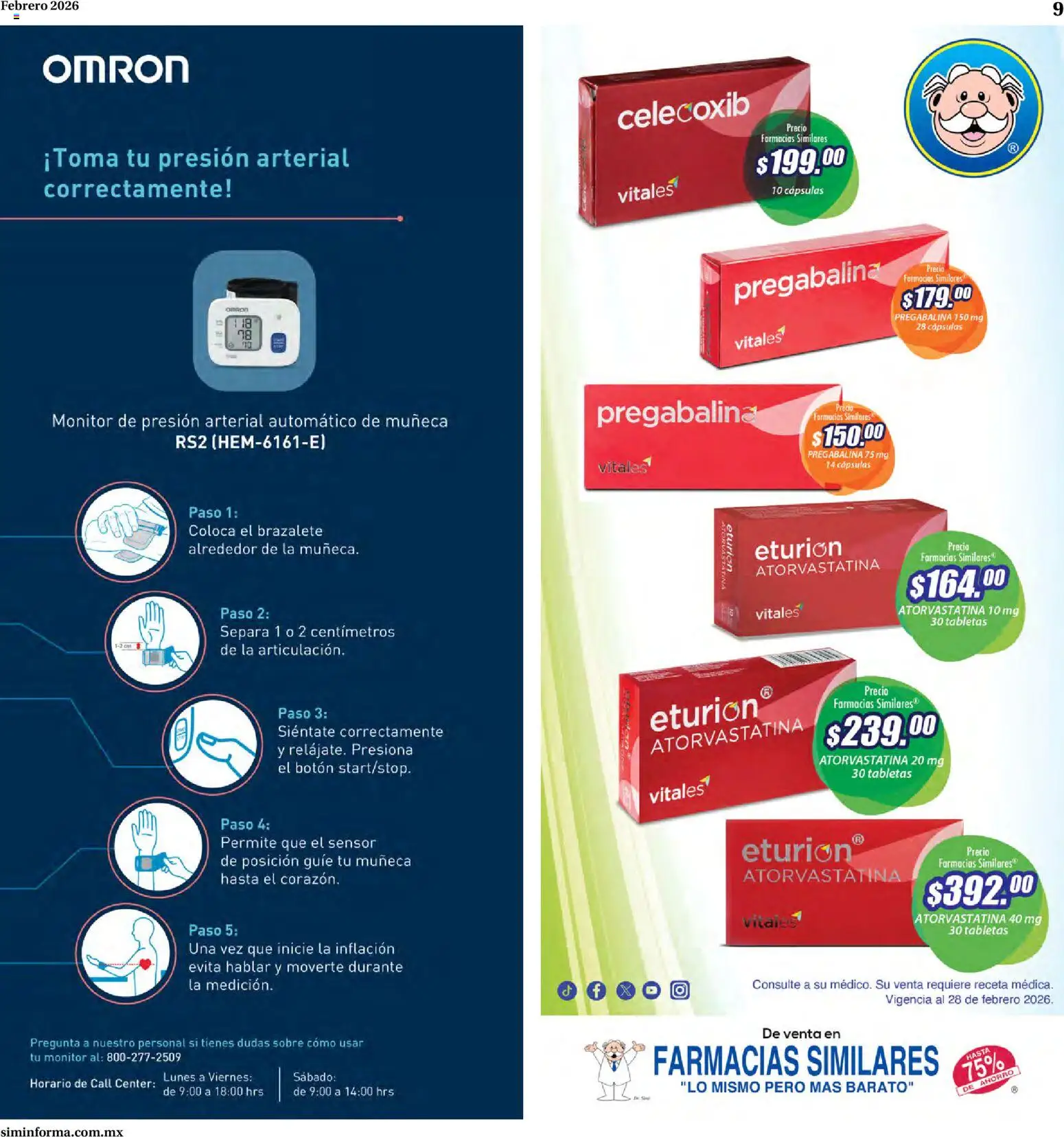 Nuevas ofertas de Farmacias Similares válidas en toda la República Mexicana desde el 01.02.2026. ¡Encuentra las mejores ofertas en Farmacias Similares catálogo! | Página: 9 | Productos: Monitor, Brazalete, Sobre