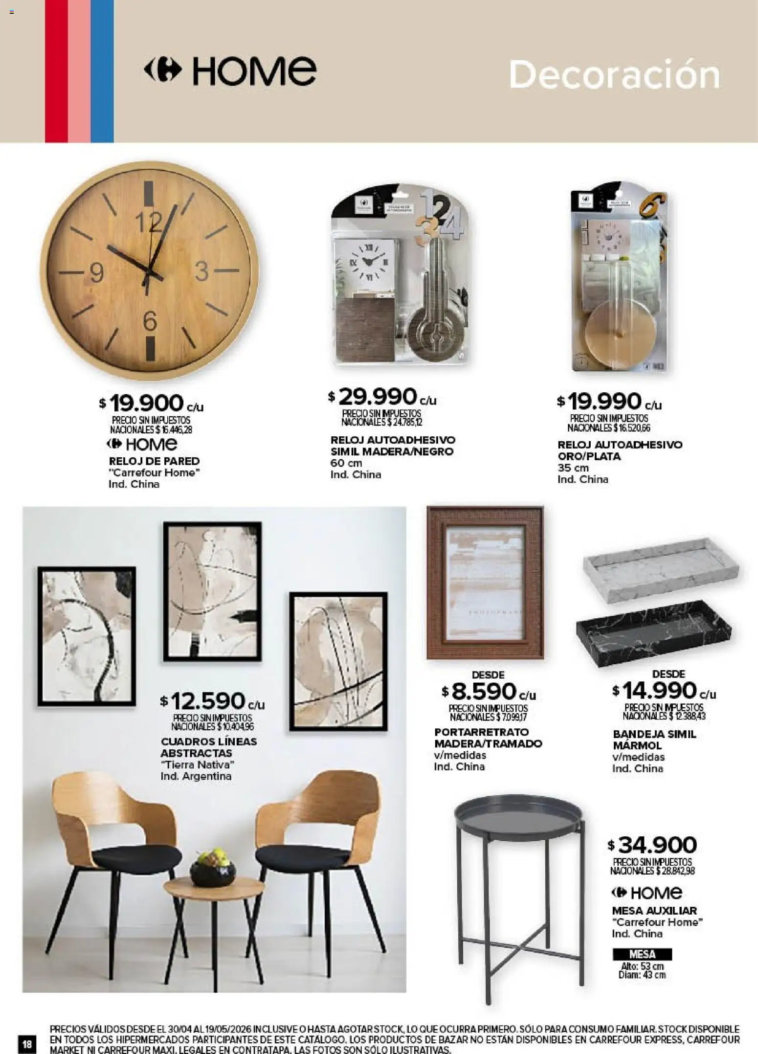 Carrefour - Deco Hogar  │ válido desde el 30.04.2026 | Página: 18 | Productos: Reloj, Mesa, Portarretrato, Bandeja