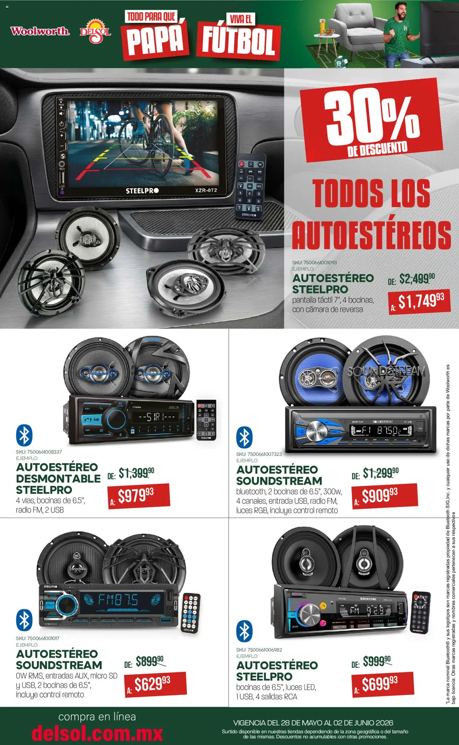 Nuevas ofertas de Del Sol y Woolworth válidas en toda la República Mexicana desde el 28.05.2026. ¡Encuentra las mejores ofertas en Del Sol y Woolworth katalog Todo para que Papá viva el fútbol! | Página: 6 | Productos: Papa, Micro SD, Control remoto, Cámara