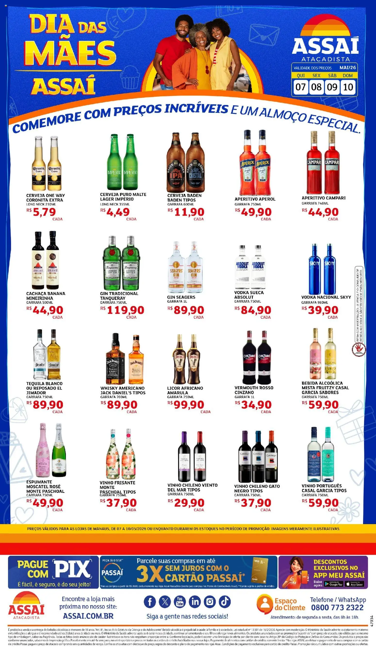 Assaí Atacadista Folheto - válido de 07.05.2026 | Página: 1 | Produtos: Cachaça, Vinho, Pneus, Telefone