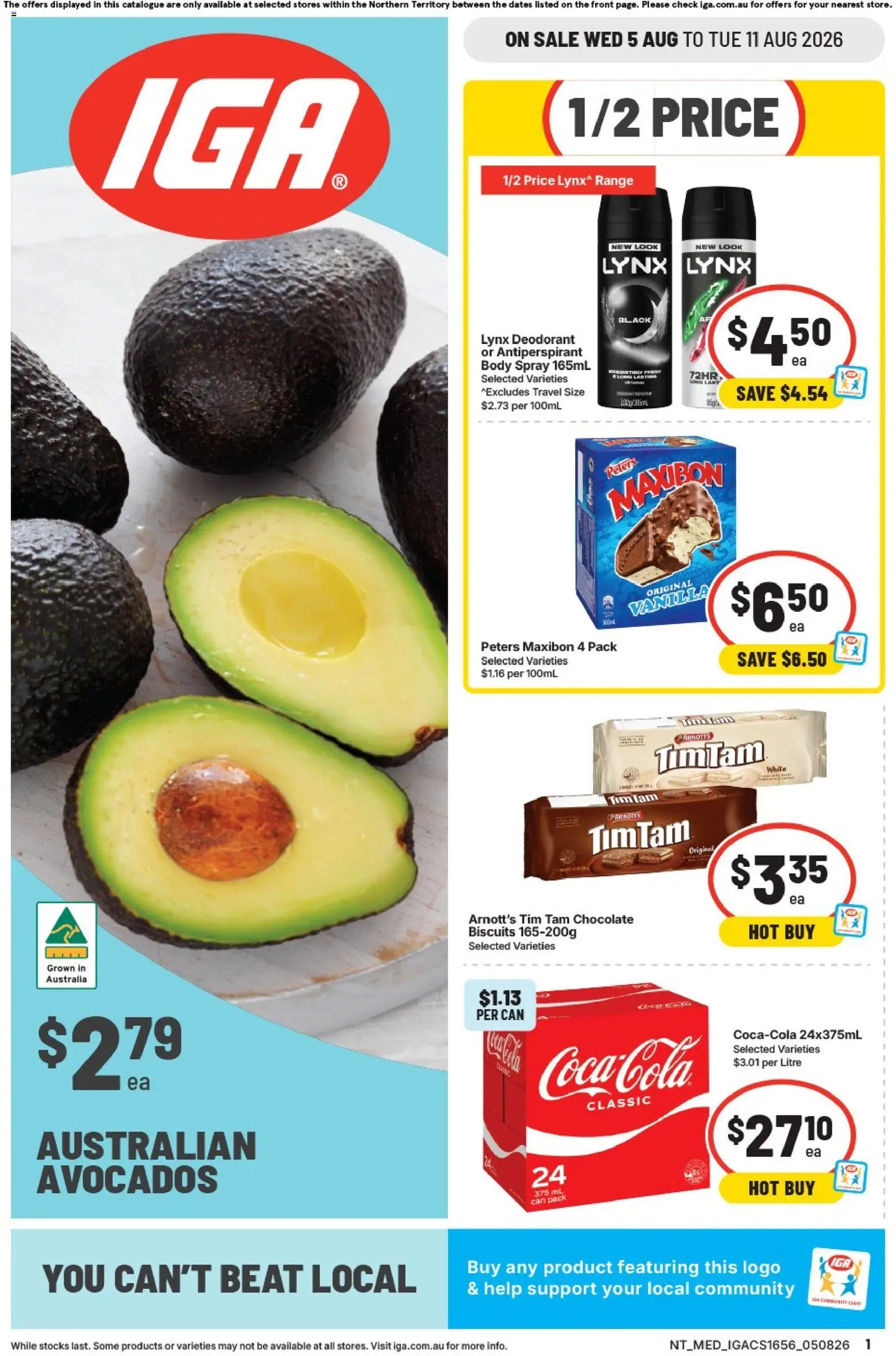 IGA catalogue - valid from 05/08/2026 | Page: 1 | Products: Chocolate, Deodorant, Antiperspirant, Biscuits