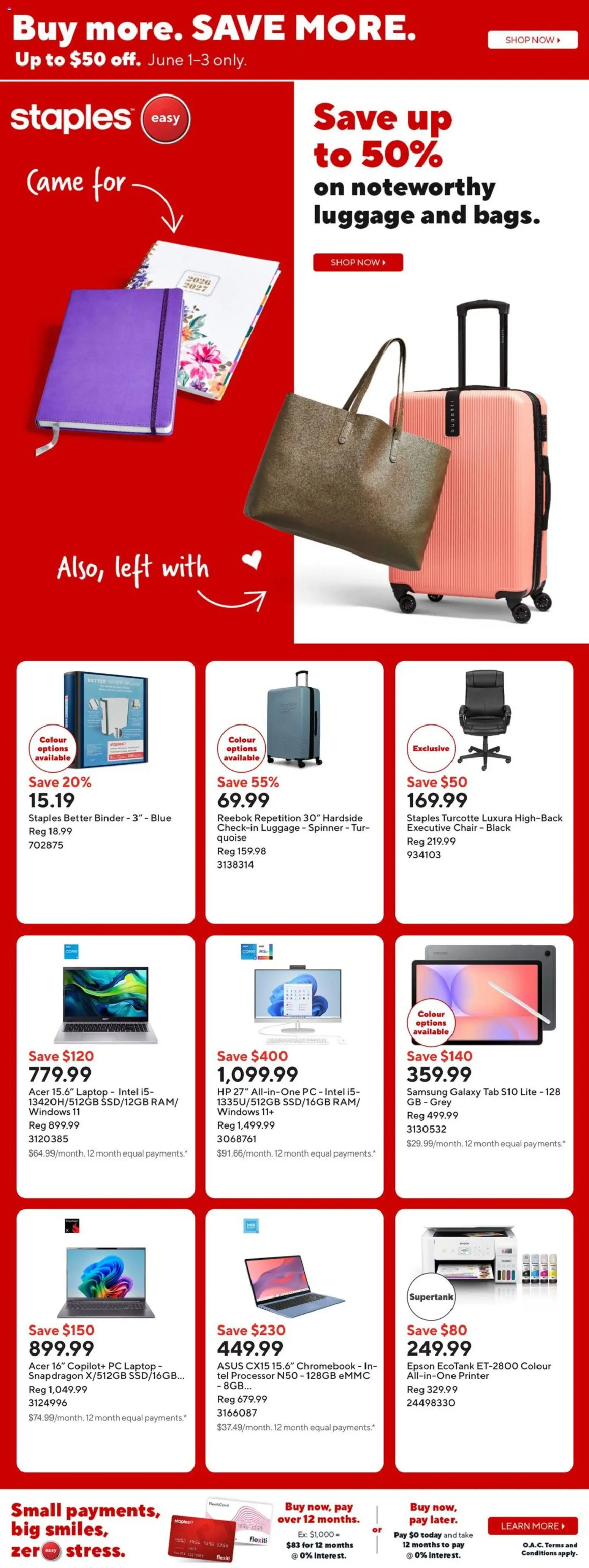Staples flyer valid from 29.05.2026 | Page: 1 | Products: Luggage, PC, Printer, Chair