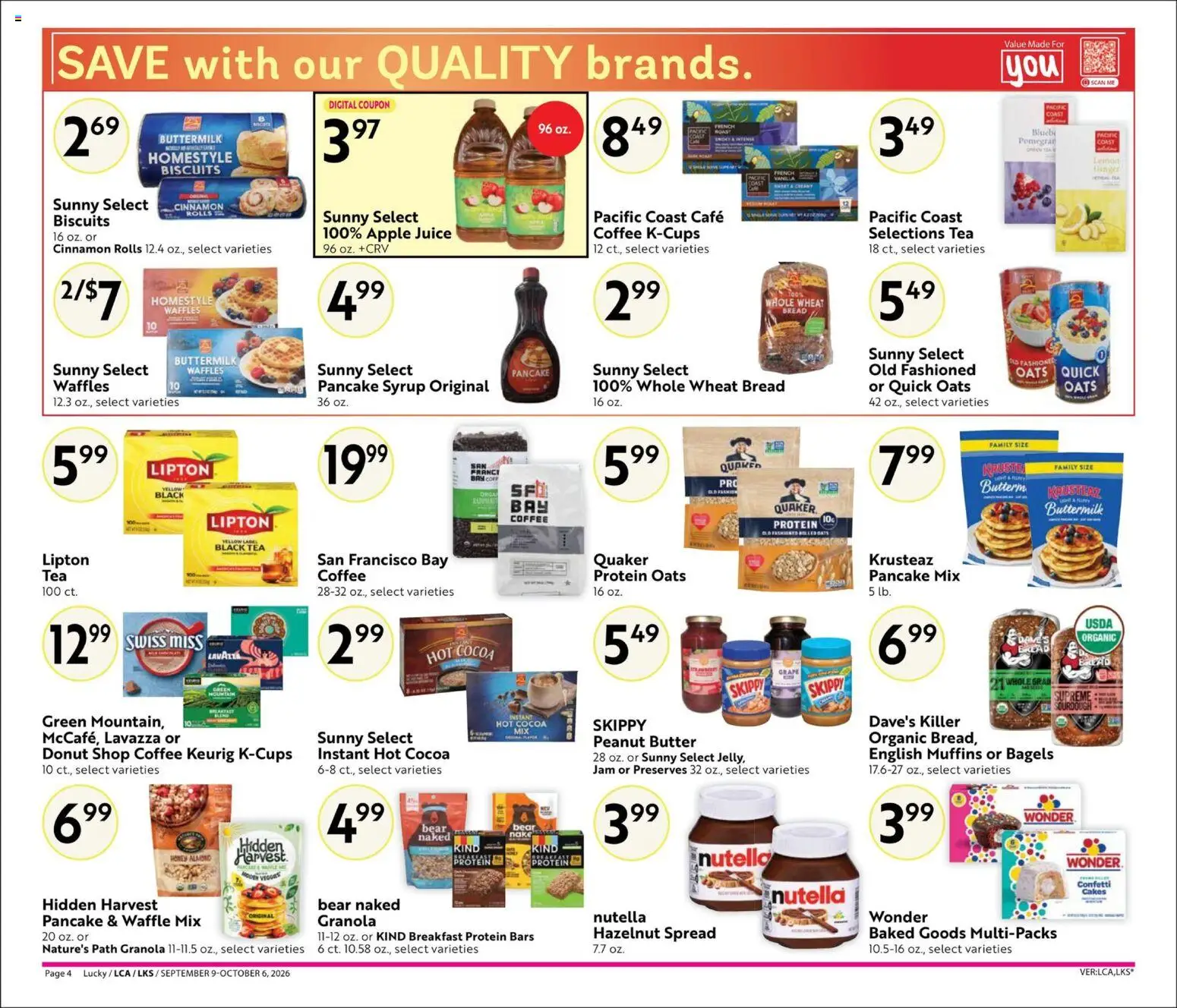 Lucky Supermarkets Online Savings Guide - valid from 09/09/2026 | Page: 4 | Products: Apple juice, Spread, Bread, Vanilla