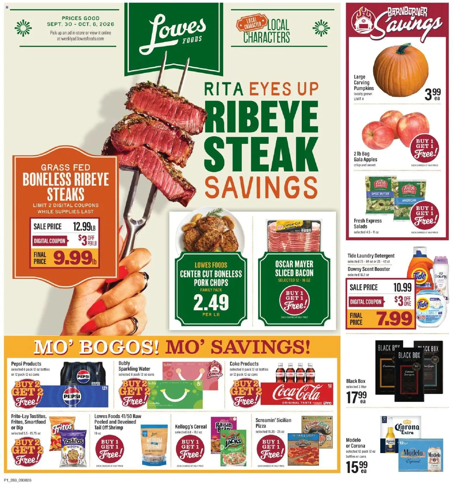 Lowes Foods Weekly Ad - valid from 09/30/2026 | Page: 1 | Products: Box, Laundry detergent, Pork, Jacks