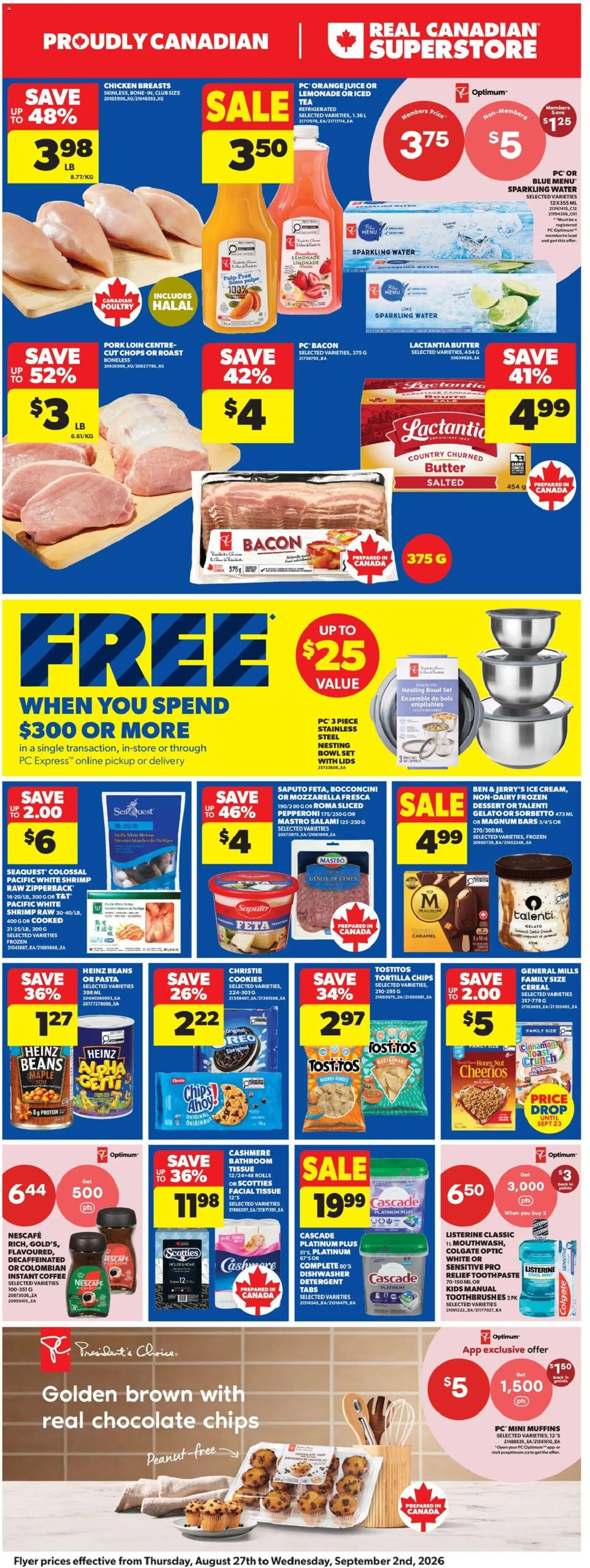 Real Canadian Superstore flyer valid from Aug 27, 2026 | Page: 3 | Products: Instant coffee, Listerine, Shrimp, Ice