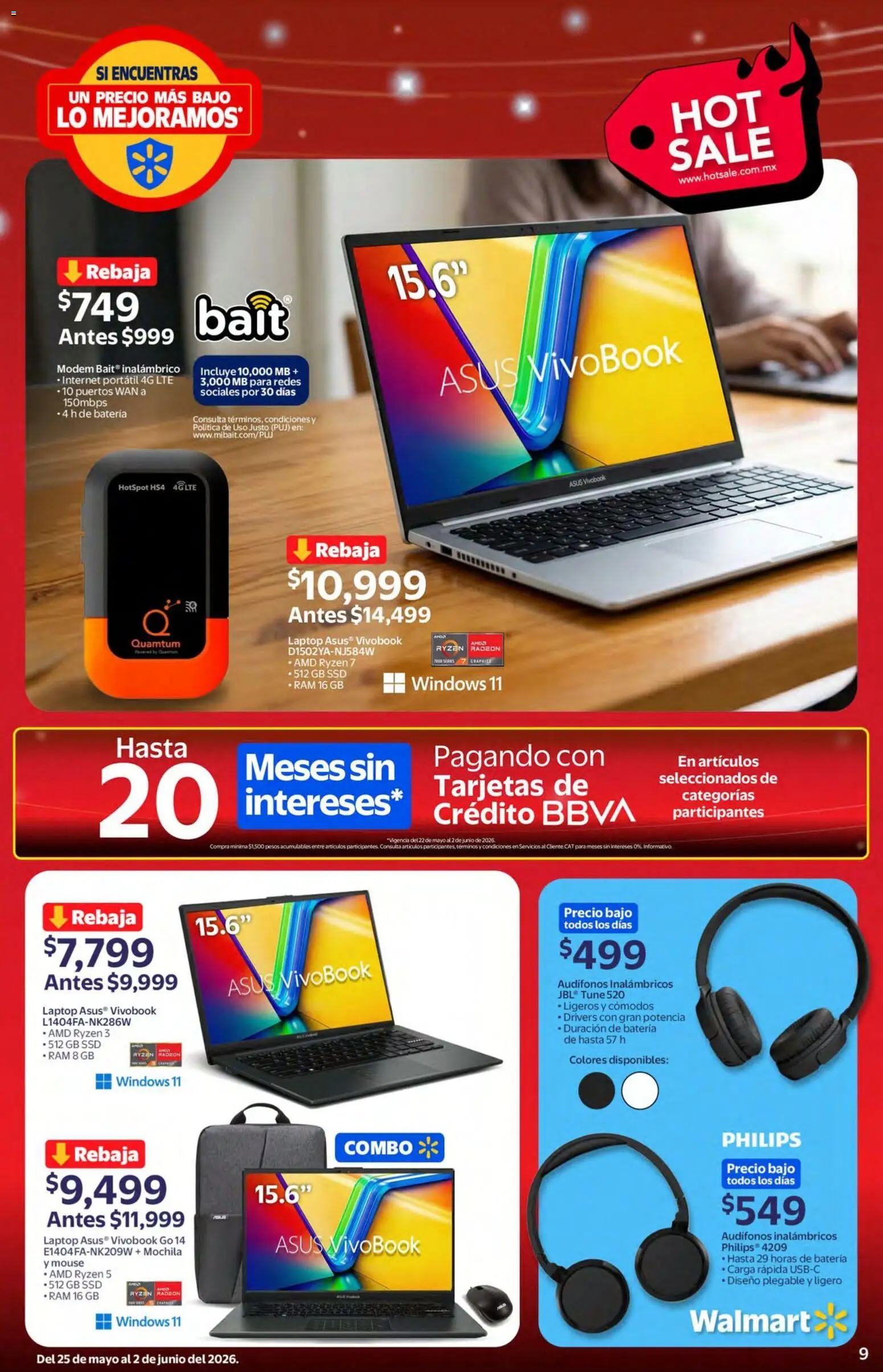 Nuevas ofertas de Walmart válidas en toda la República Mexicana desde el 25.05.2026. ¡Encuentra las mejores ofertas en Walmart Hot Sale! | Página: 9 | Productos: Mochila, Mouse, Audífonos, Batería
