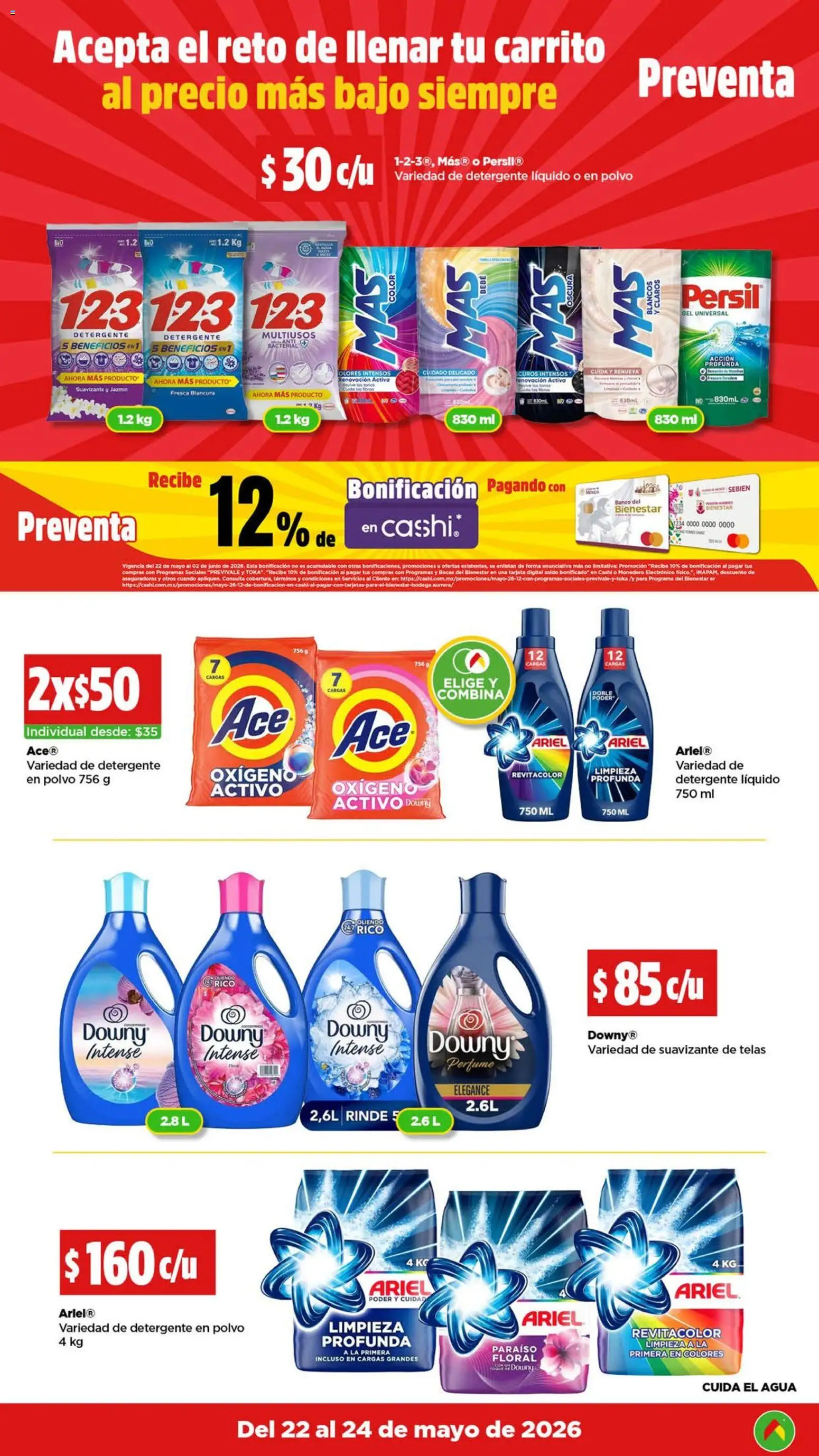 Nuevas ofertas de Bodega Aurrerá válidas en toda la República Mexicana desde el 22.05.2026. ¡Encuentra las mejores ofertas en Bodega Aurrerá folleto Preventa! | Página: 10 | Productos: Detergente, Agua, Suavizante de telas, Polvo