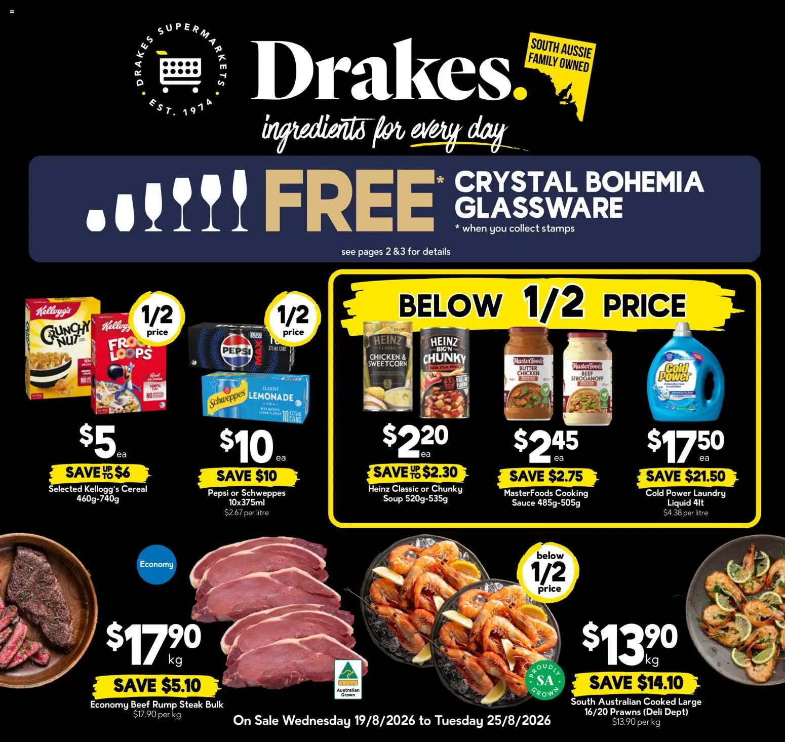 Drakes catalogue - valid from 19/08/2026 | Page: 1 | Products: Glassware, Cereal, Steak, Laundry