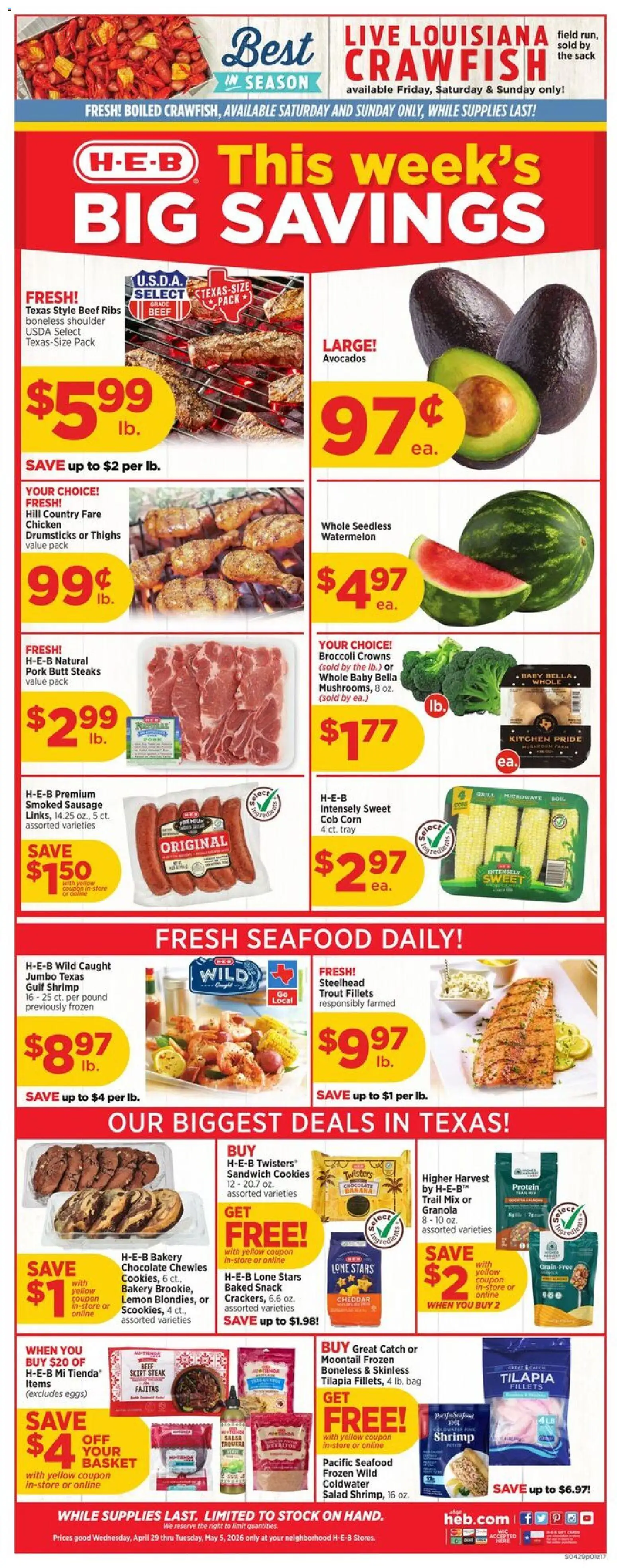H-E-B Weekly Ad - valid from 29.04.2026 | Page: 1 | Products: Microwave, Pork, Cookies, Sausage