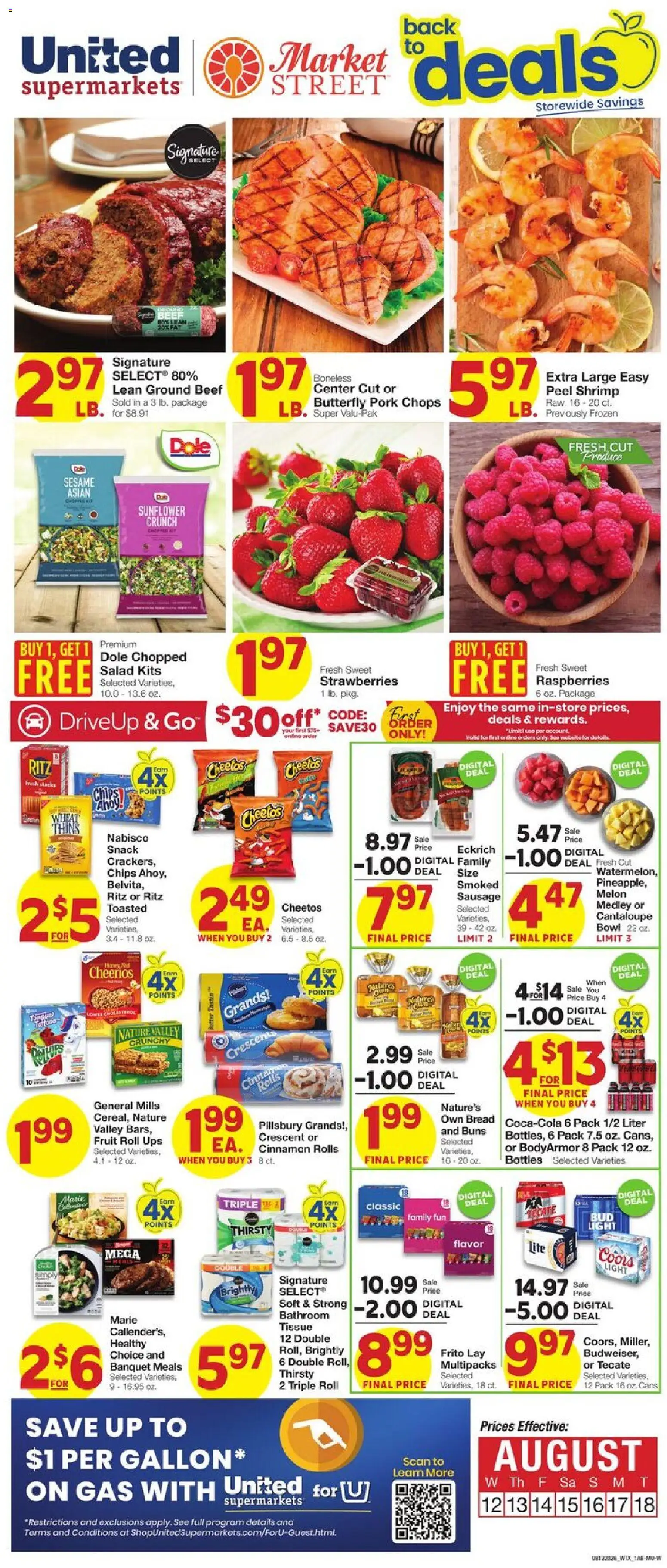 United Supermarkets Weekly Ad - valid from 08/12/2026 | Page: 1 | Products: Sesame, Bread, Pork, Melon